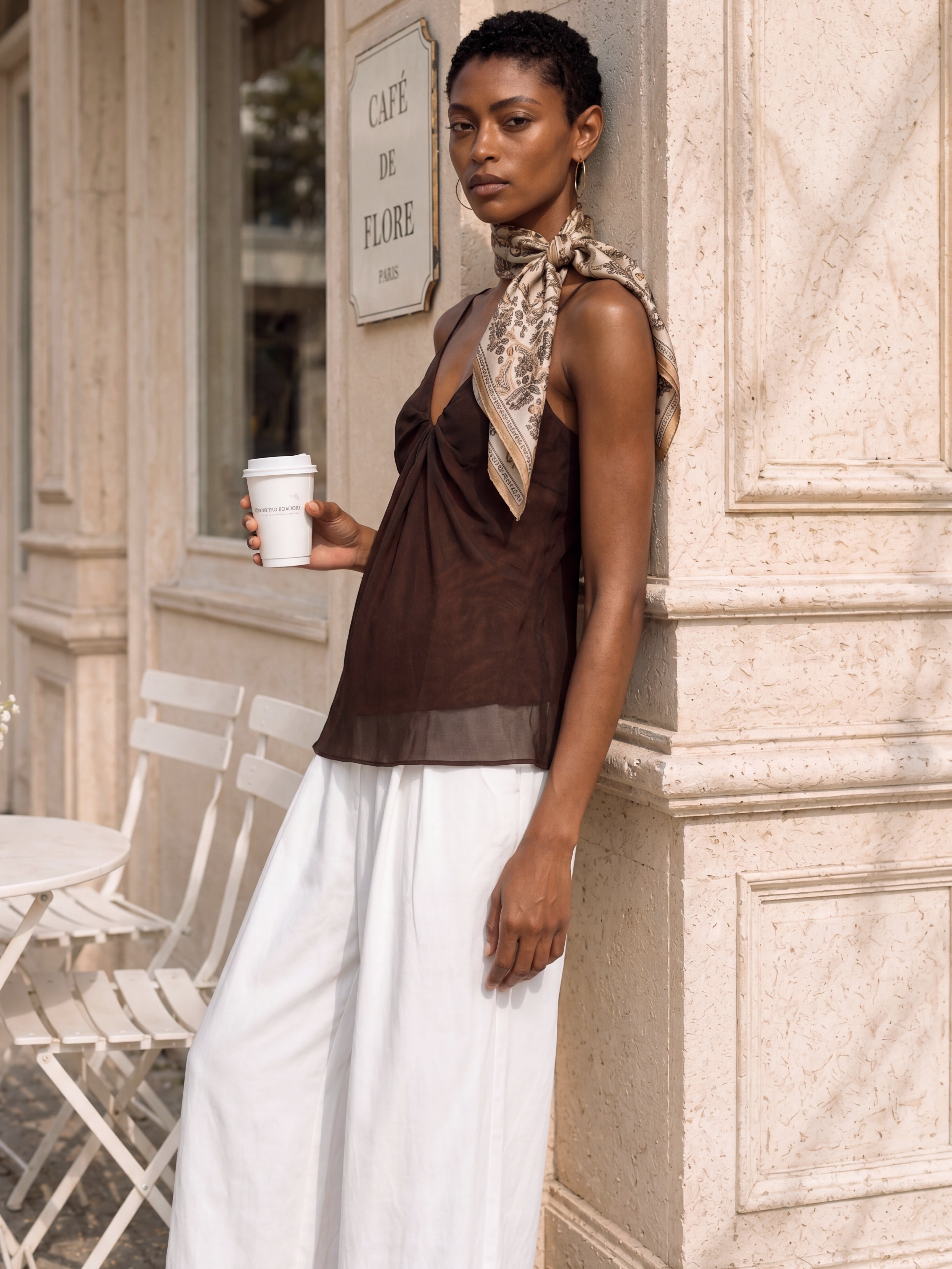 Liserie Chiffon Chocolate Cami Top & Linen White Wide Leg Pants Set