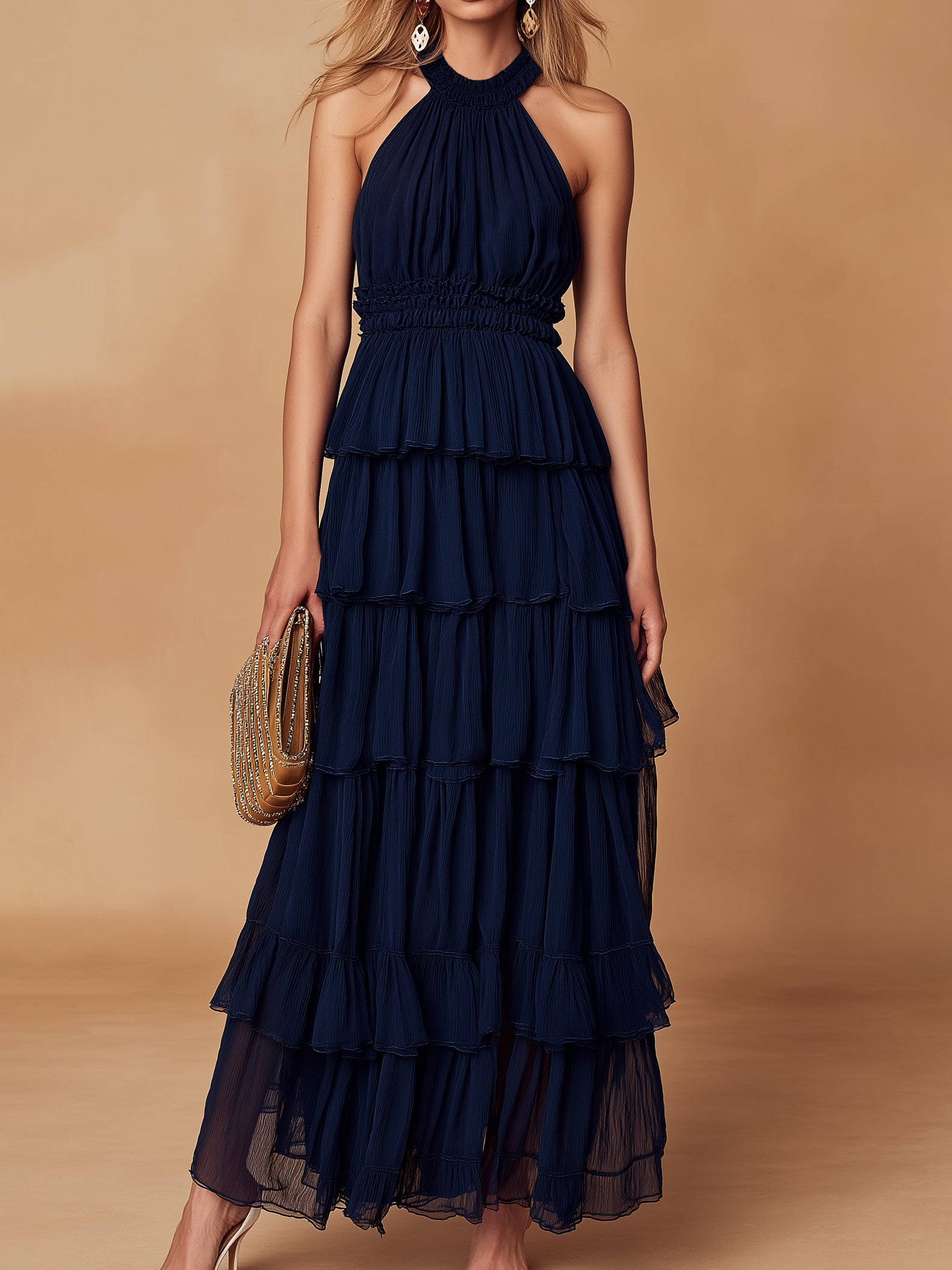 Liserie Chiffon Ruffle Halter Occasion Maxi Dress