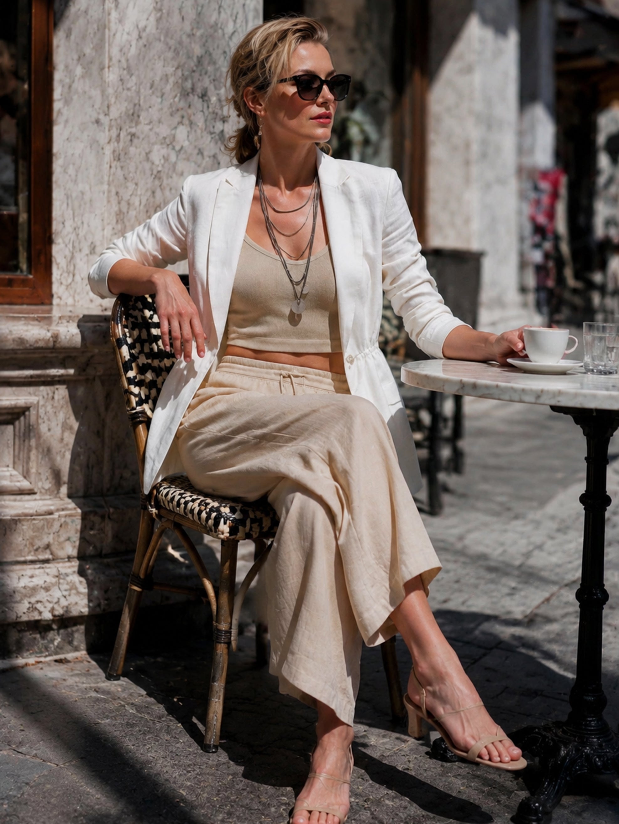 Elegant Linen Jacket With Cinched Drawstring Waist & 3/4 Length Sleeves