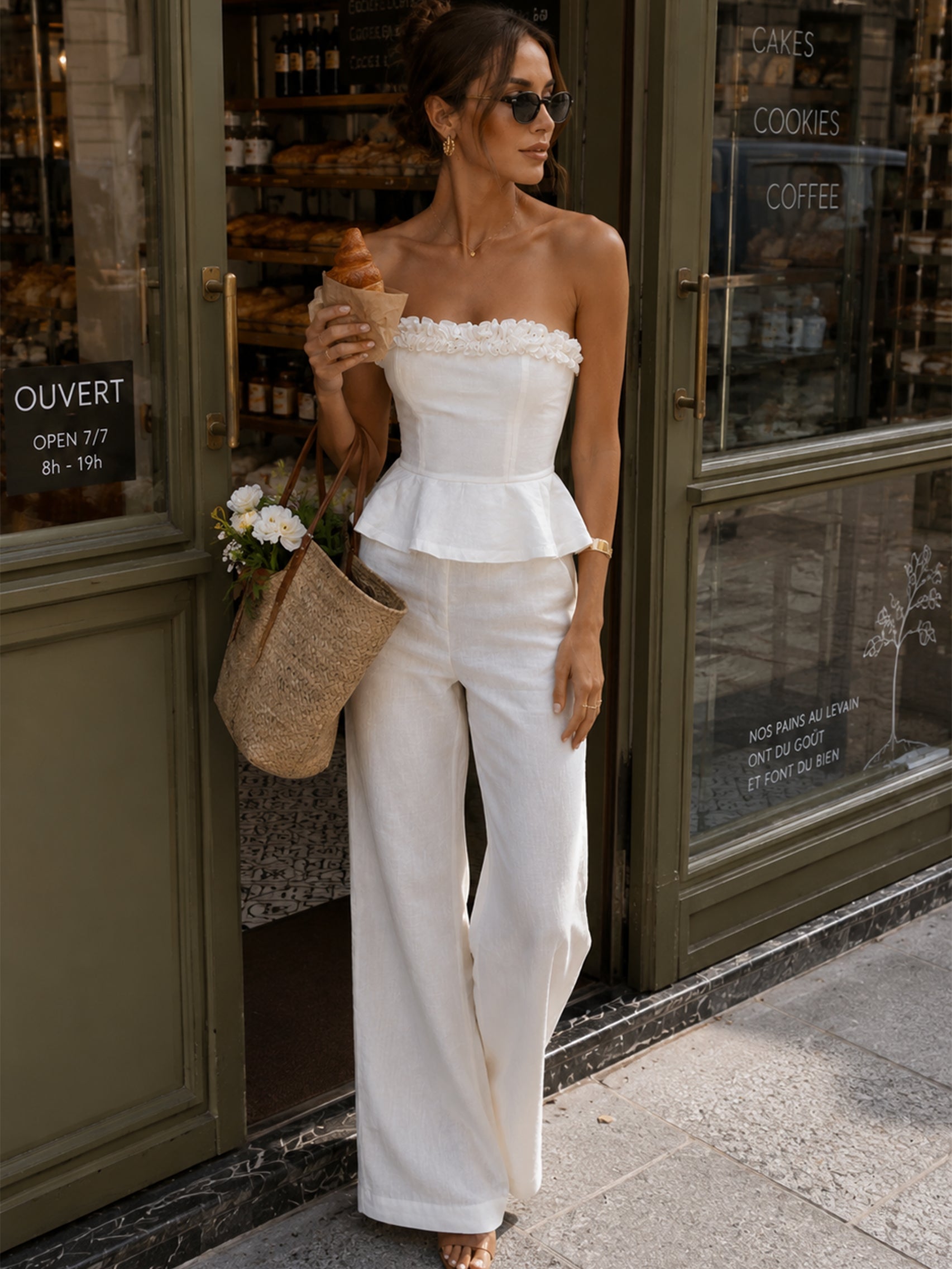 Liserie White Two-Piece Set:Ruffled Strapless Top & Wide Leg Trousers