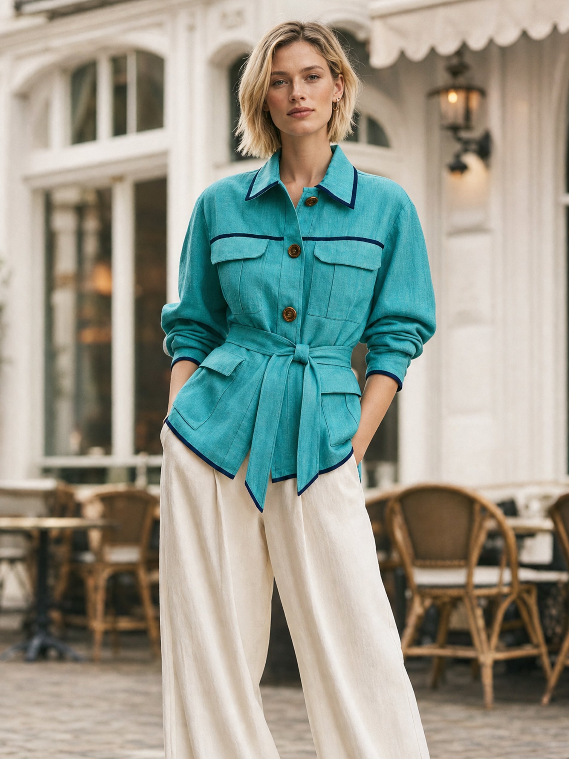 Linen Turquoise Casual & Resort Jacket With Contrast Piping