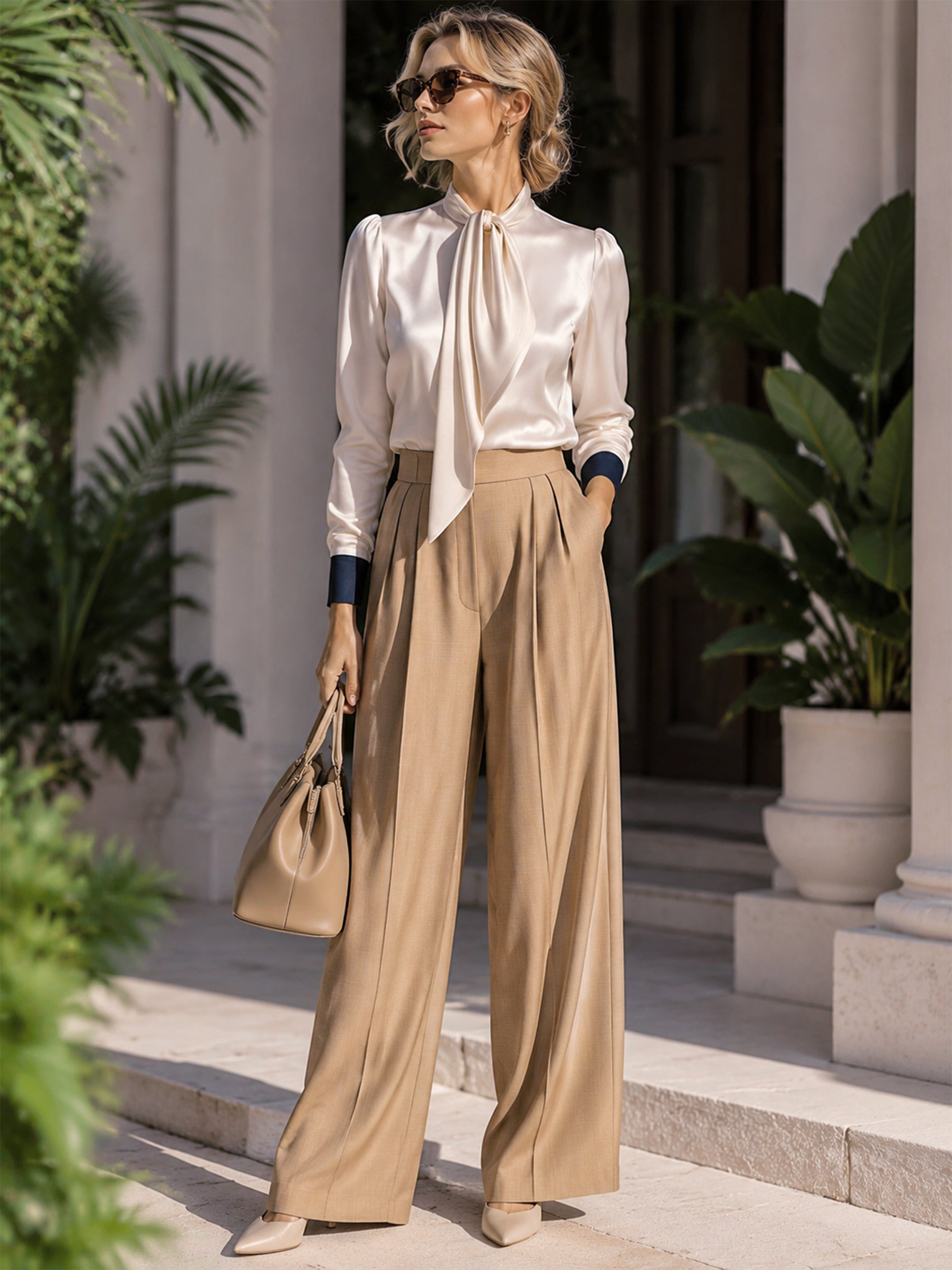 Neck Tie Contrast Cuff Blouse & Camel High Waist Wide Leg Trousers Set