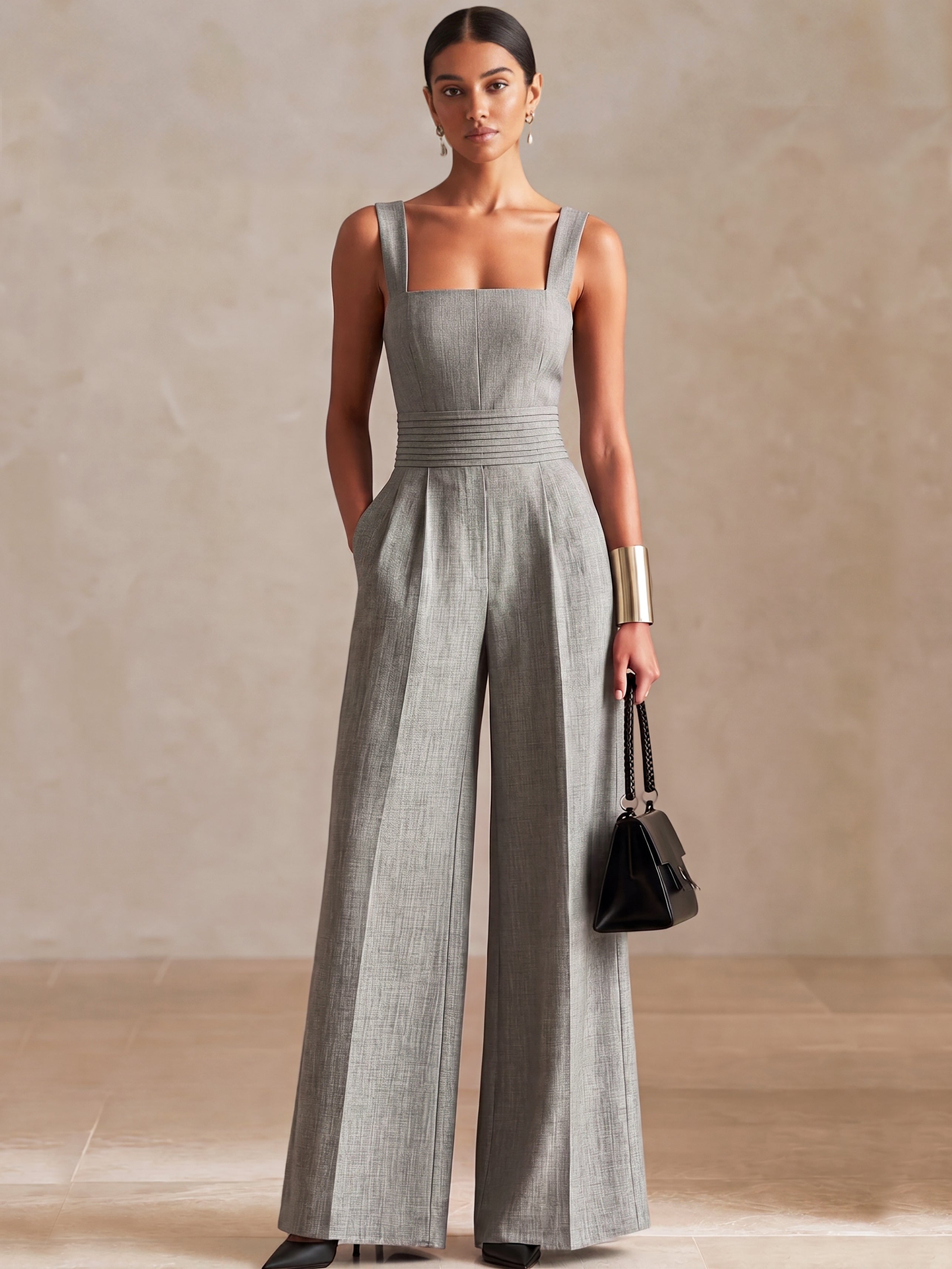 Liserie Linen Tailored Grey Jumpsuit With Pockets
