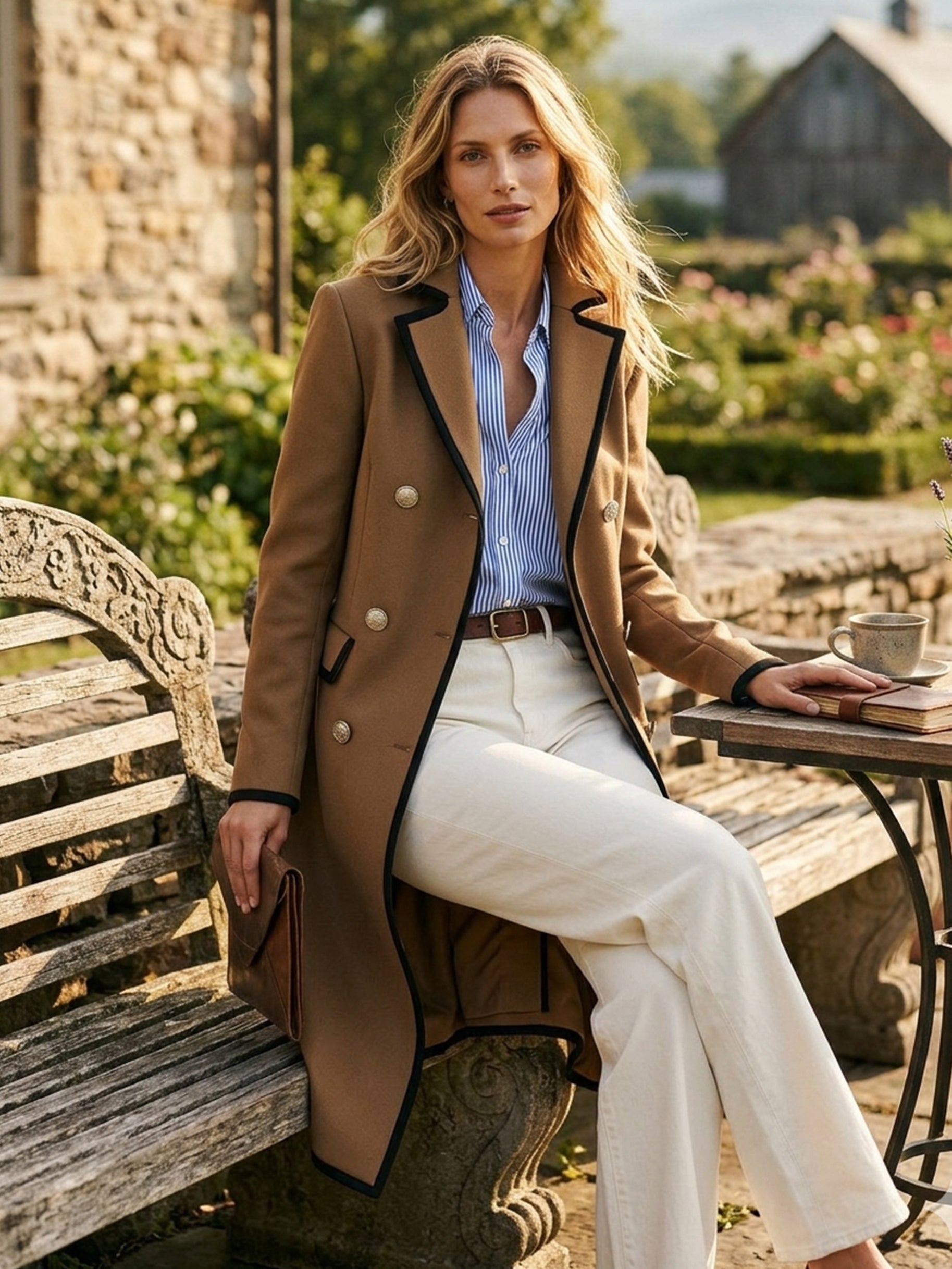 Camel Tailored Black Piping‑Trim Long Coat Outerwear