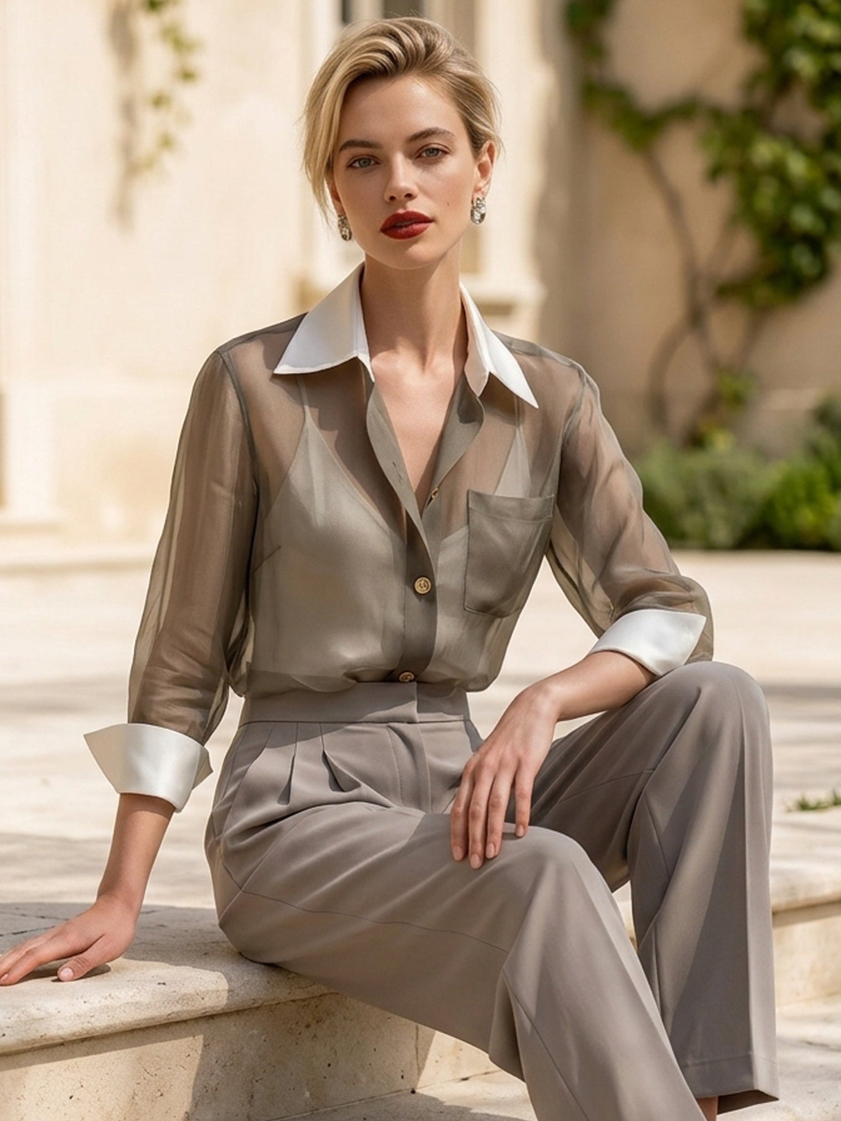 Chiffon Long Sleeve Contrast Shirt And Camisole Set