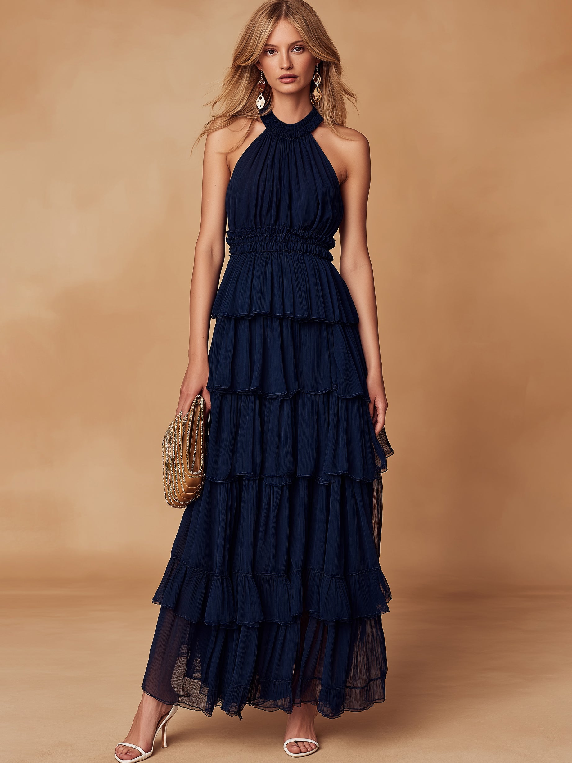 Liserie Chiffon Ruffle Halter Occasion Maxi Dress