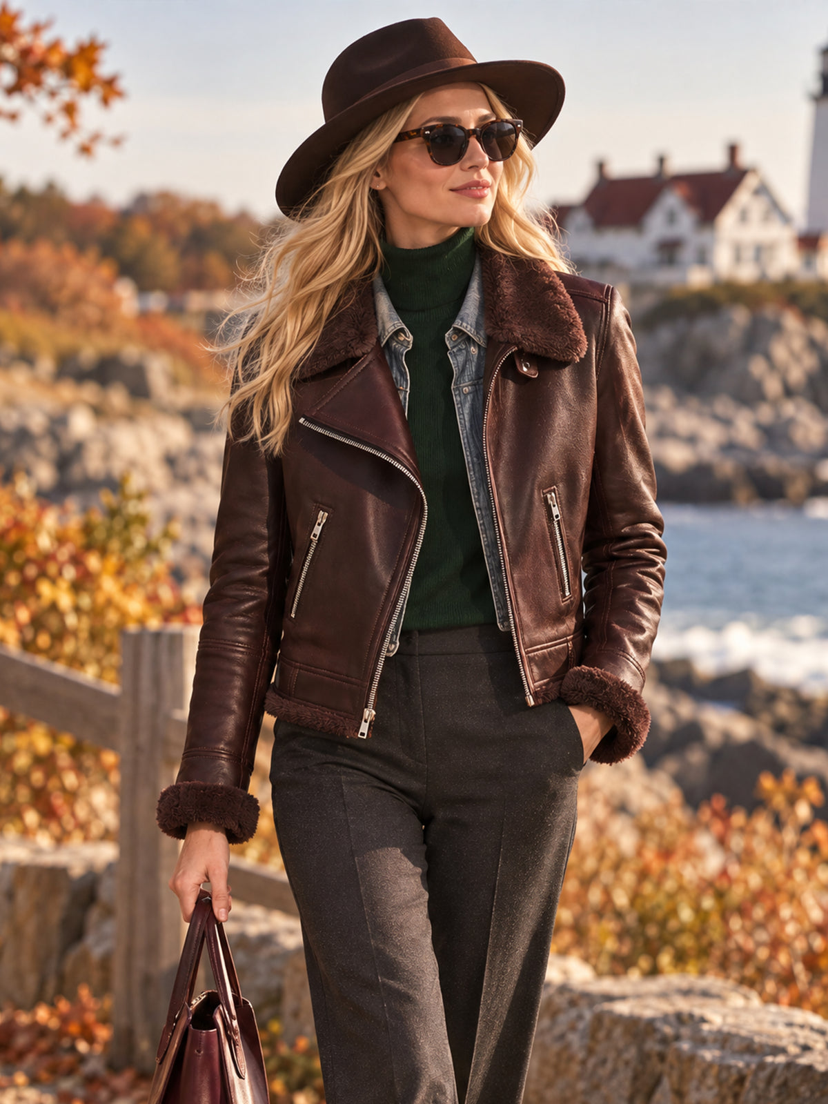 Leather Jacket With Shearling Panel Outerwear