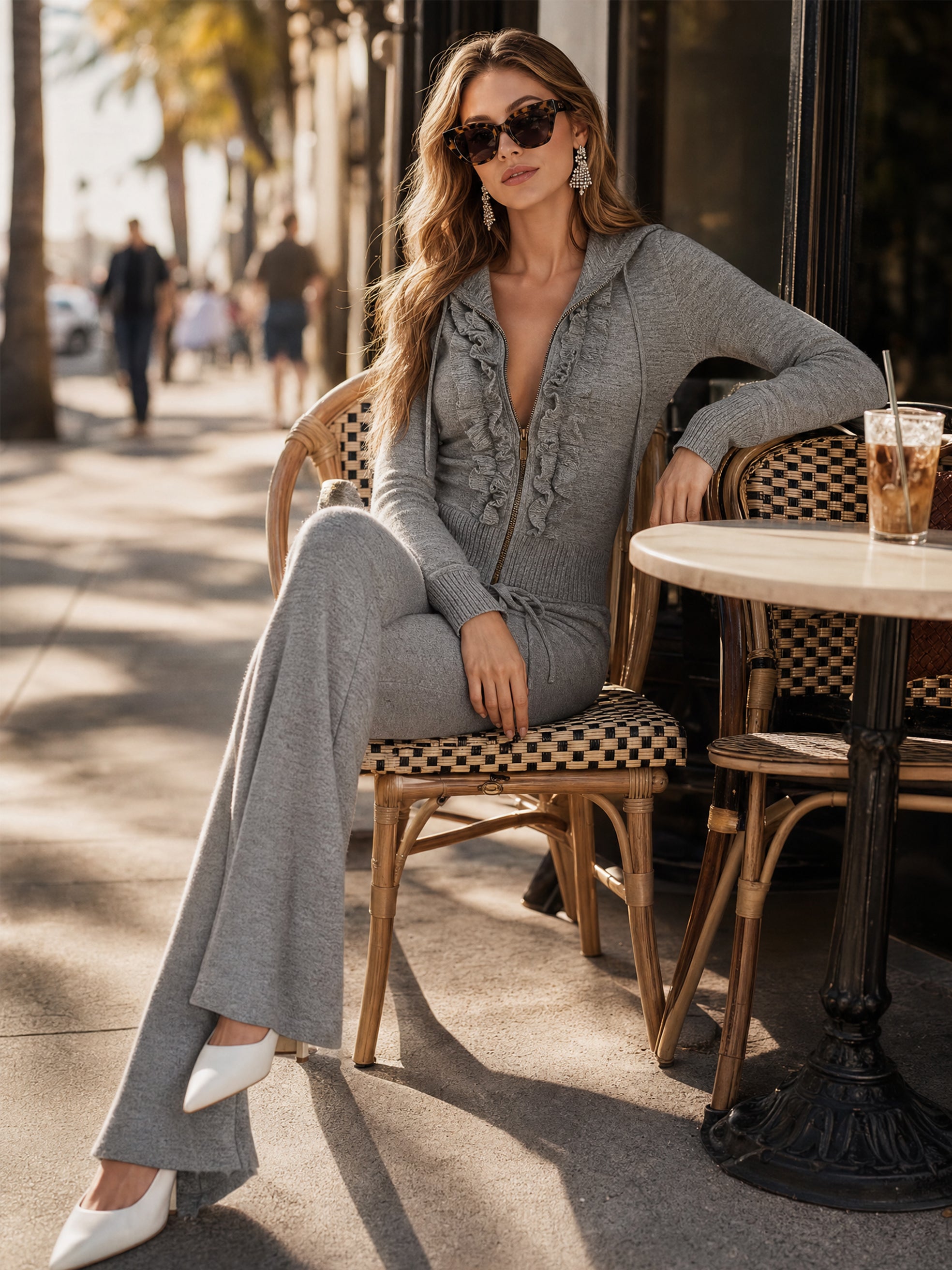 Ruffled Zip‑Up Hooded Jacket & Drawstring Flared Trousers Set