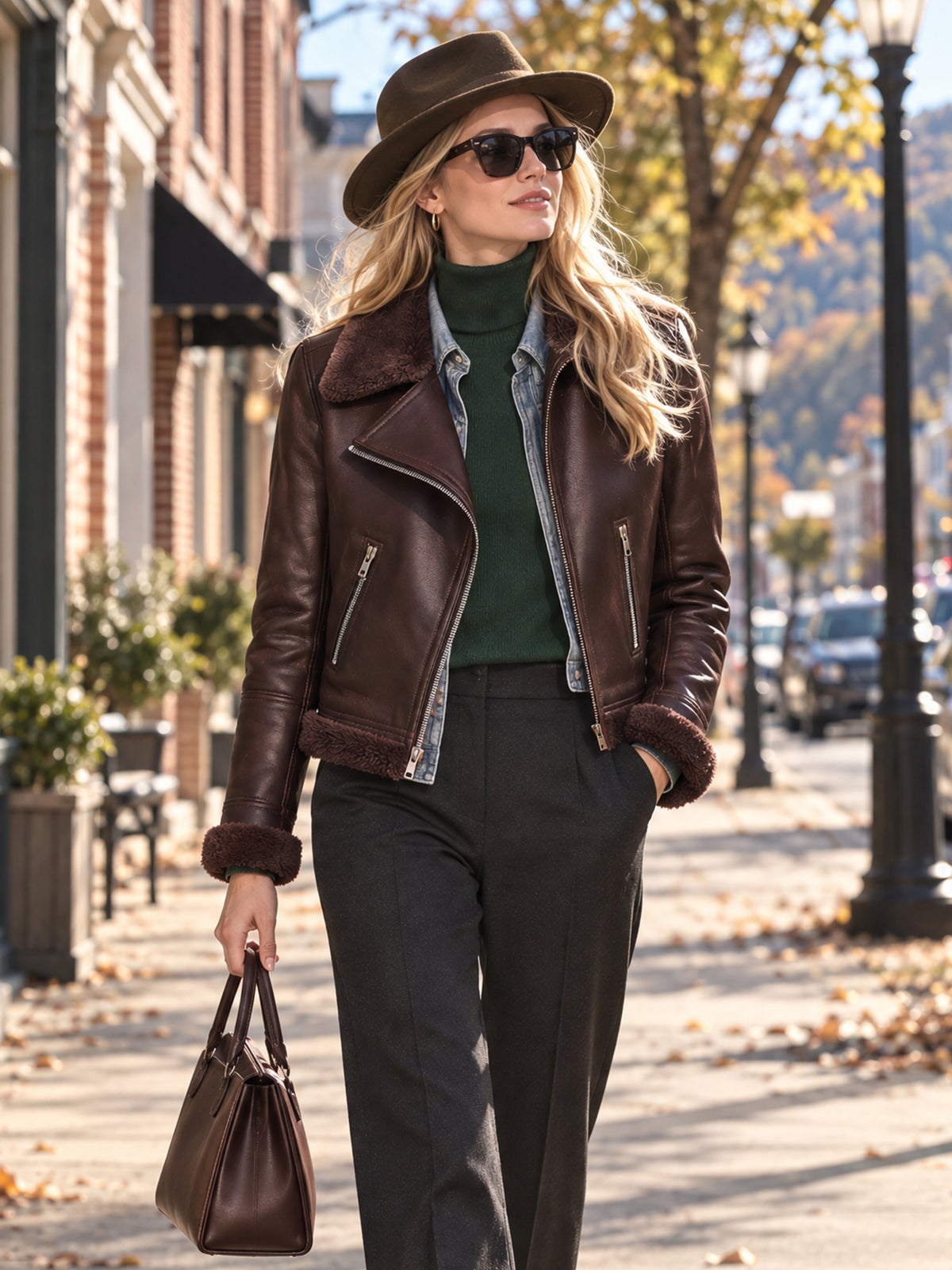 Leather Jacket With Shearling Panel Outerwear