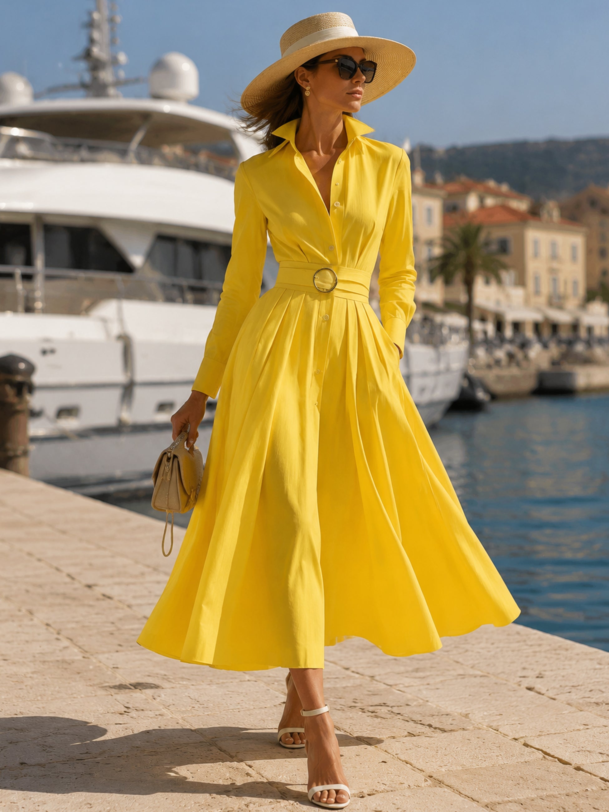 Sunflower Yellow Long Sleeve Belted Shirt Midi Dress