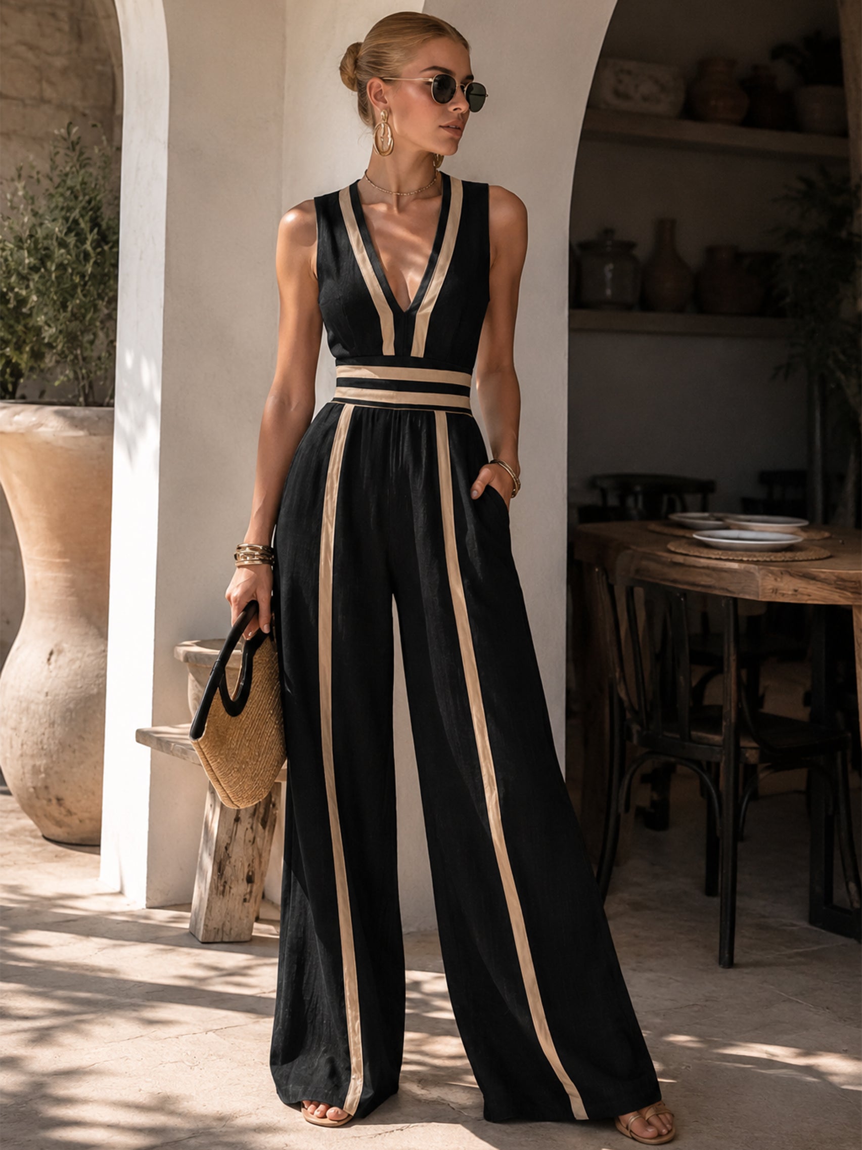 Liserie Linen Contrast Trim V-Neck Sleeveless Wide Leg Jumpsuit