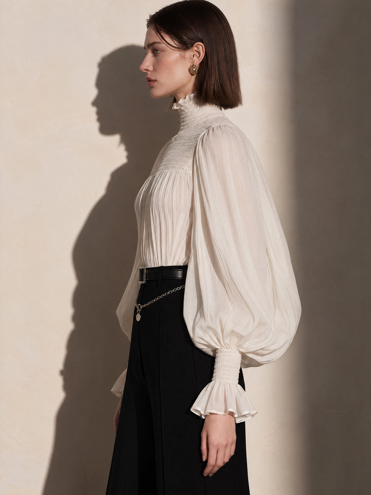 Ivory Smocked Ruffle High Neck Balloon Sleeve Blouse
