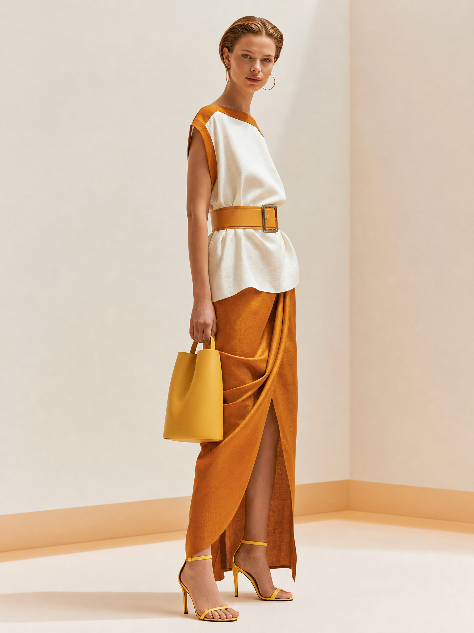 Elegant Sophisticated White-Orange Boat Neck Linen Set