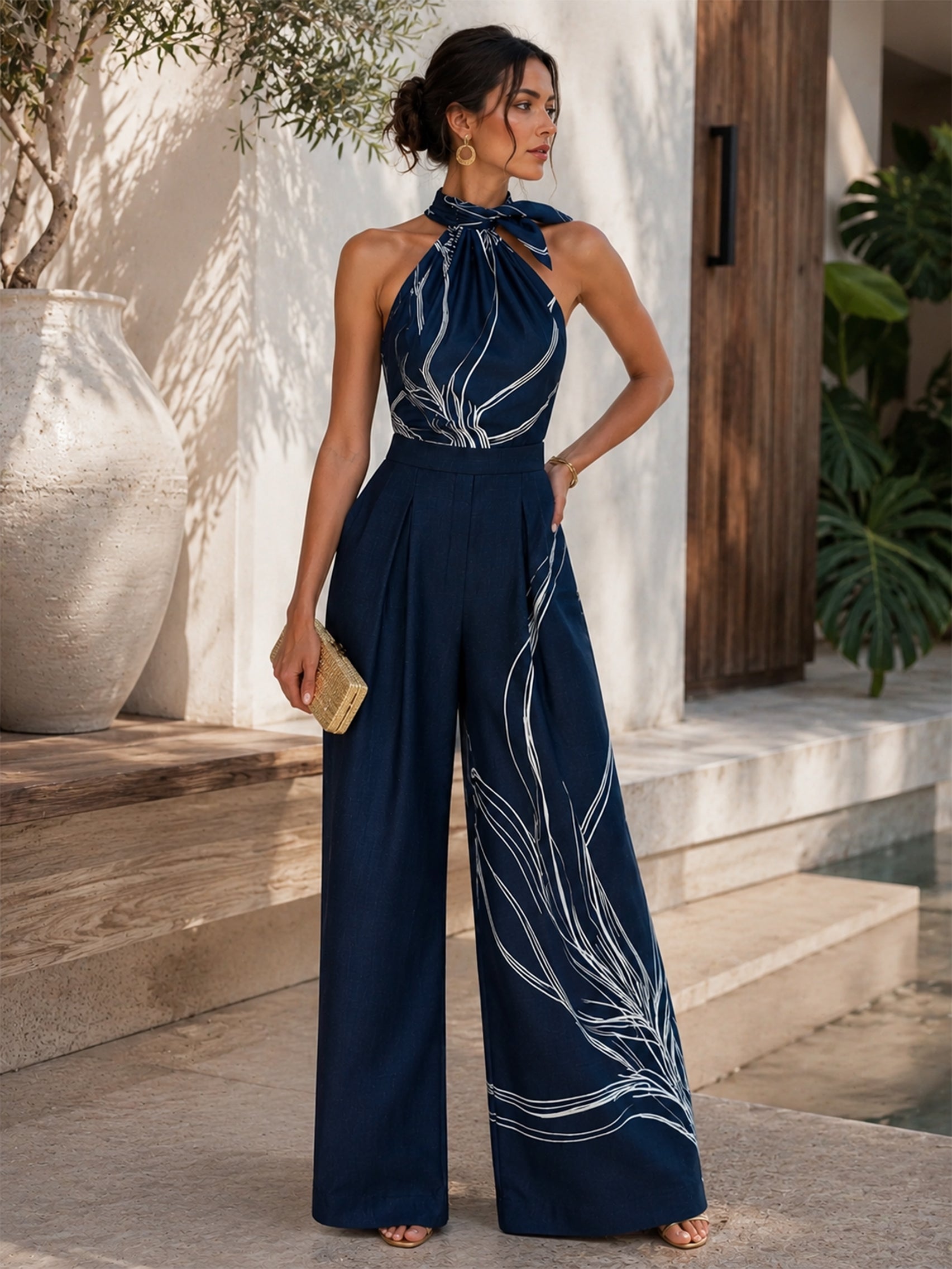 Liserie Satin Halter Blouse & Linen Wide Leg Trousers Set