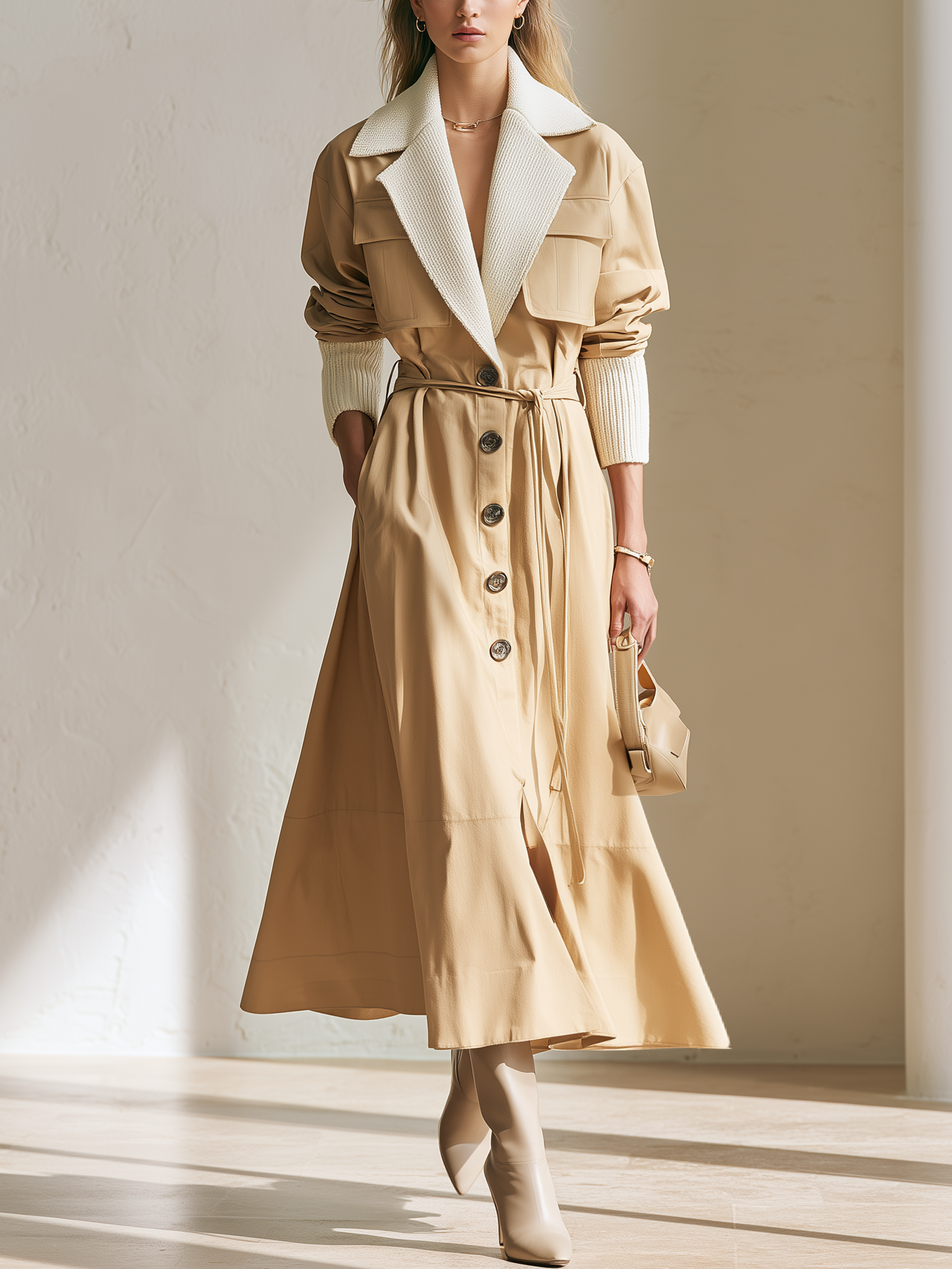 Khaki Knit‑Contrast Lapel Belted Waist‑Defined Long Trench Coat