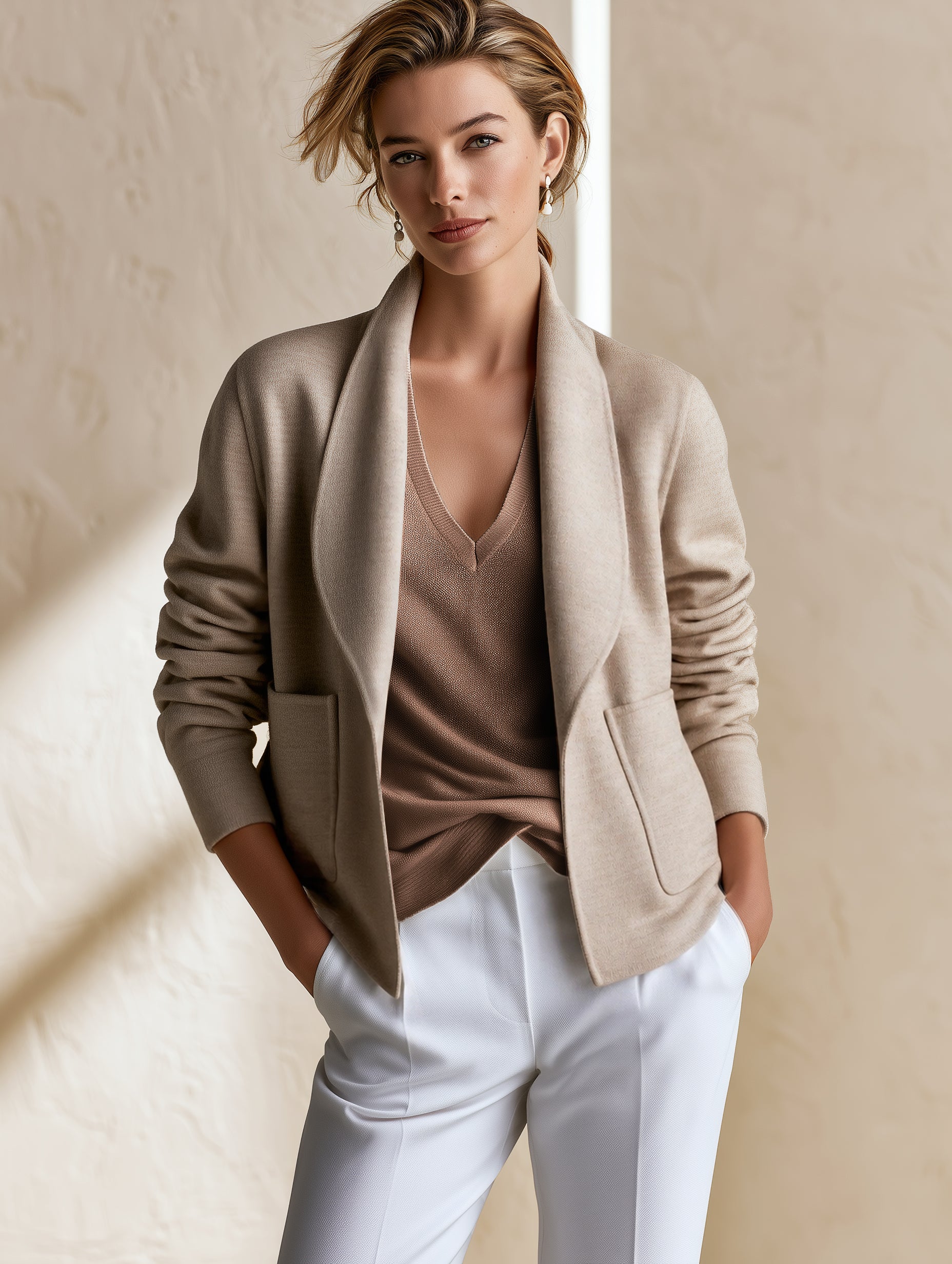 Oatmeal Shawl‑Lapel Knit Blazer Outerwear