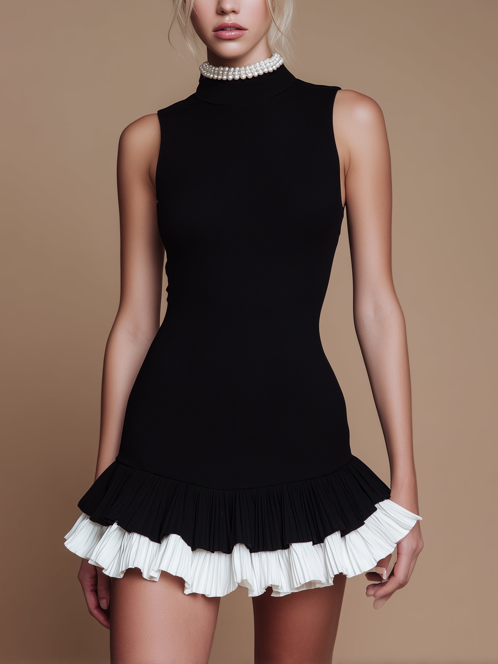 Liserie Stretch Ermeløs Høy Hals Volang Cocktail Minikjole