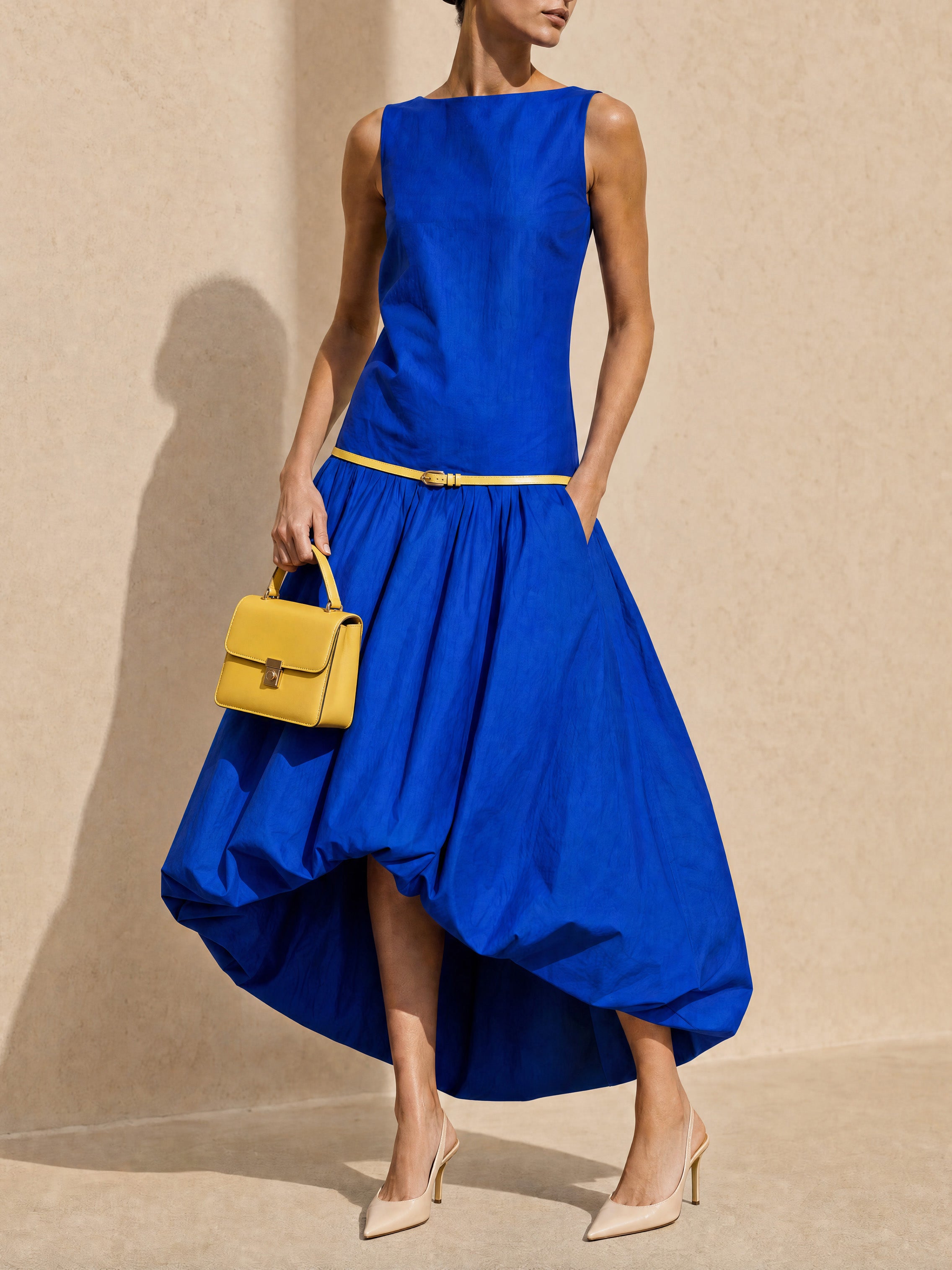 French Artistic Cobalt Blue Dress Belted Bubble Hem Midi Dress