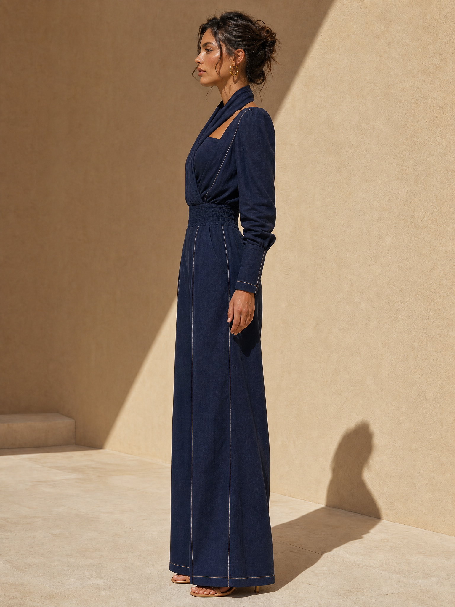 Navy Blue Long-sleeved Halter-neck Linen Set