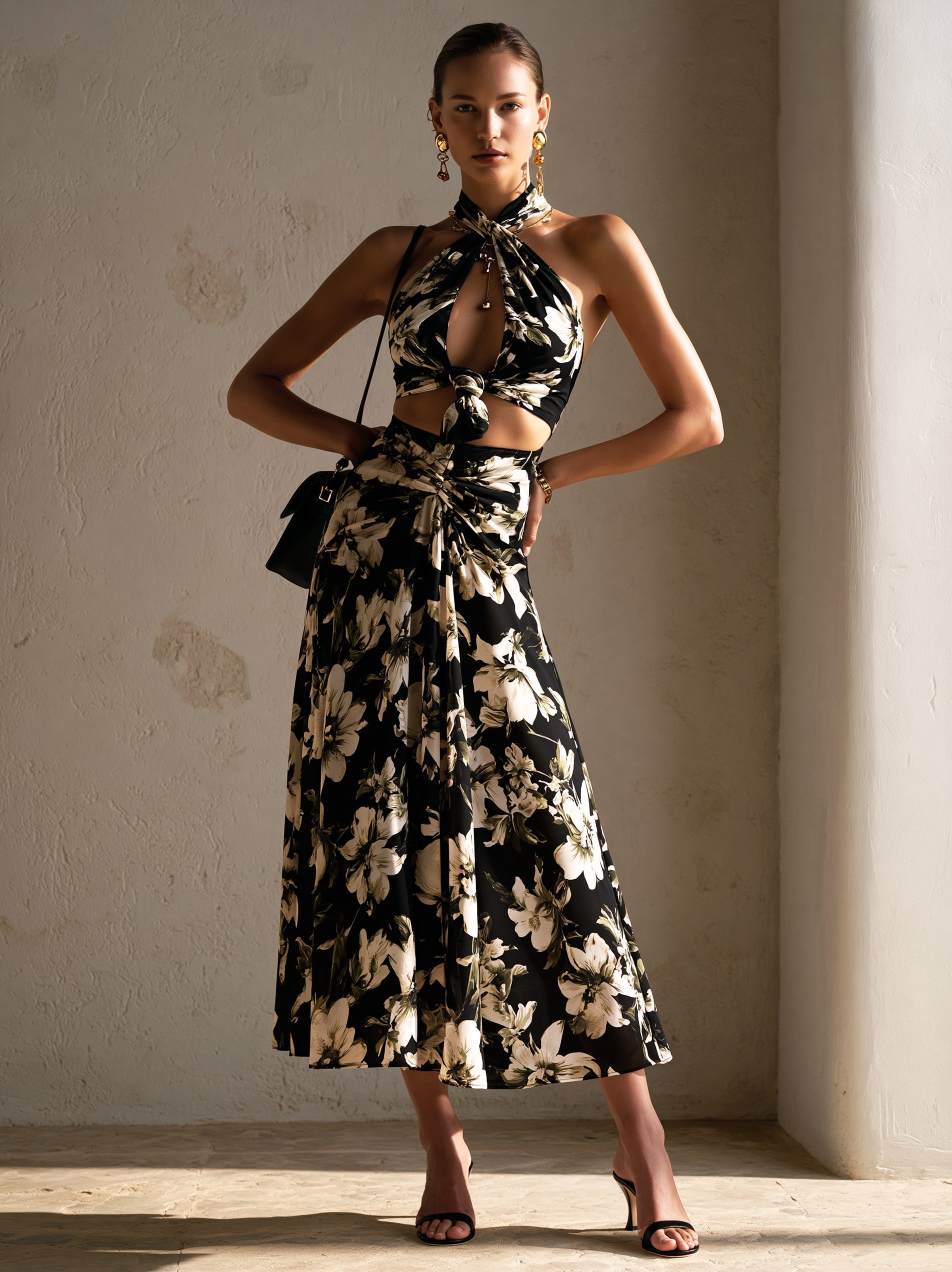 Floral Halter Neck Cutout Top & Skirt Set