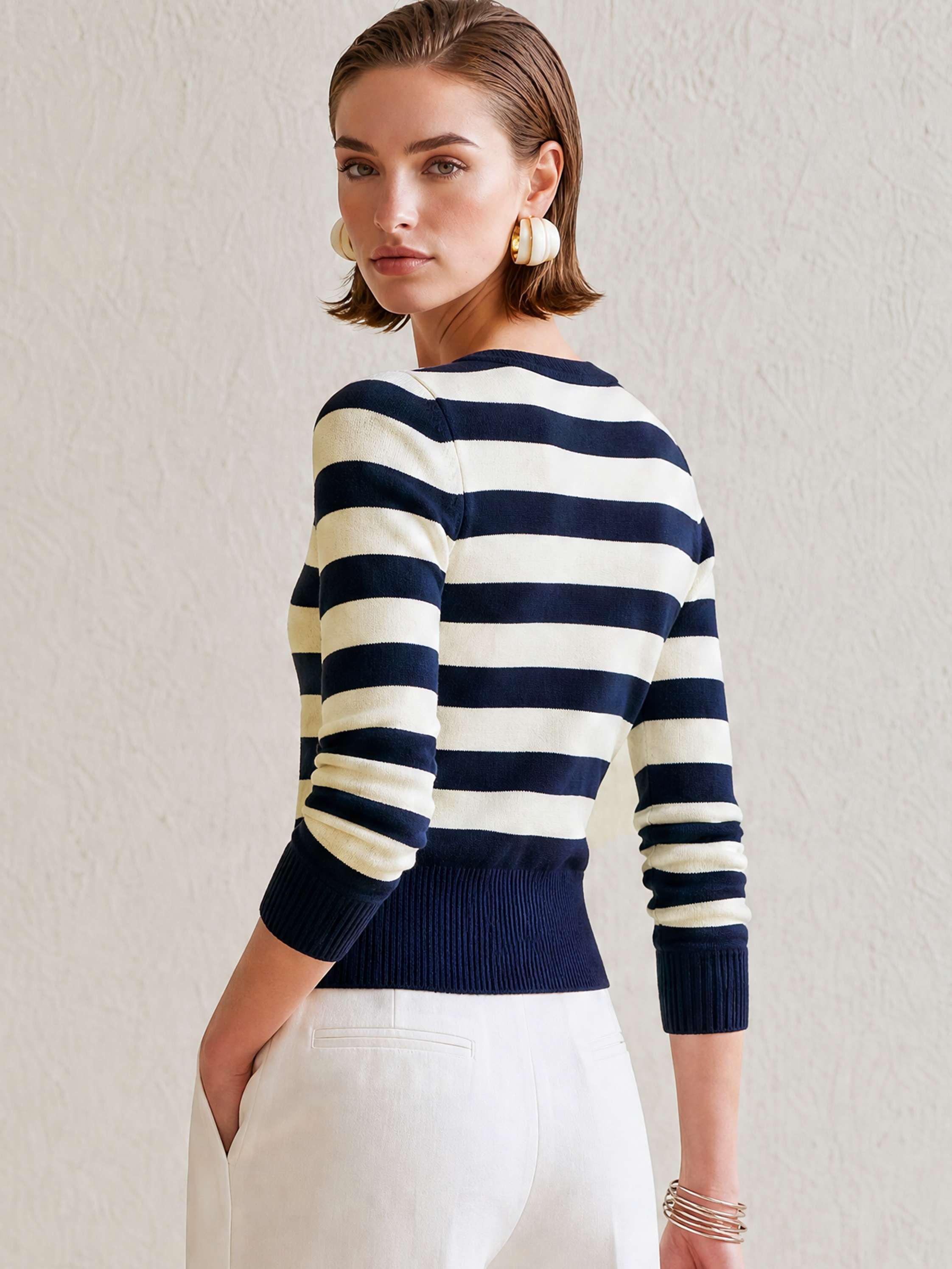 Navy‑Ivory Stripe Gold‑Button Cropped Knit Cardigan