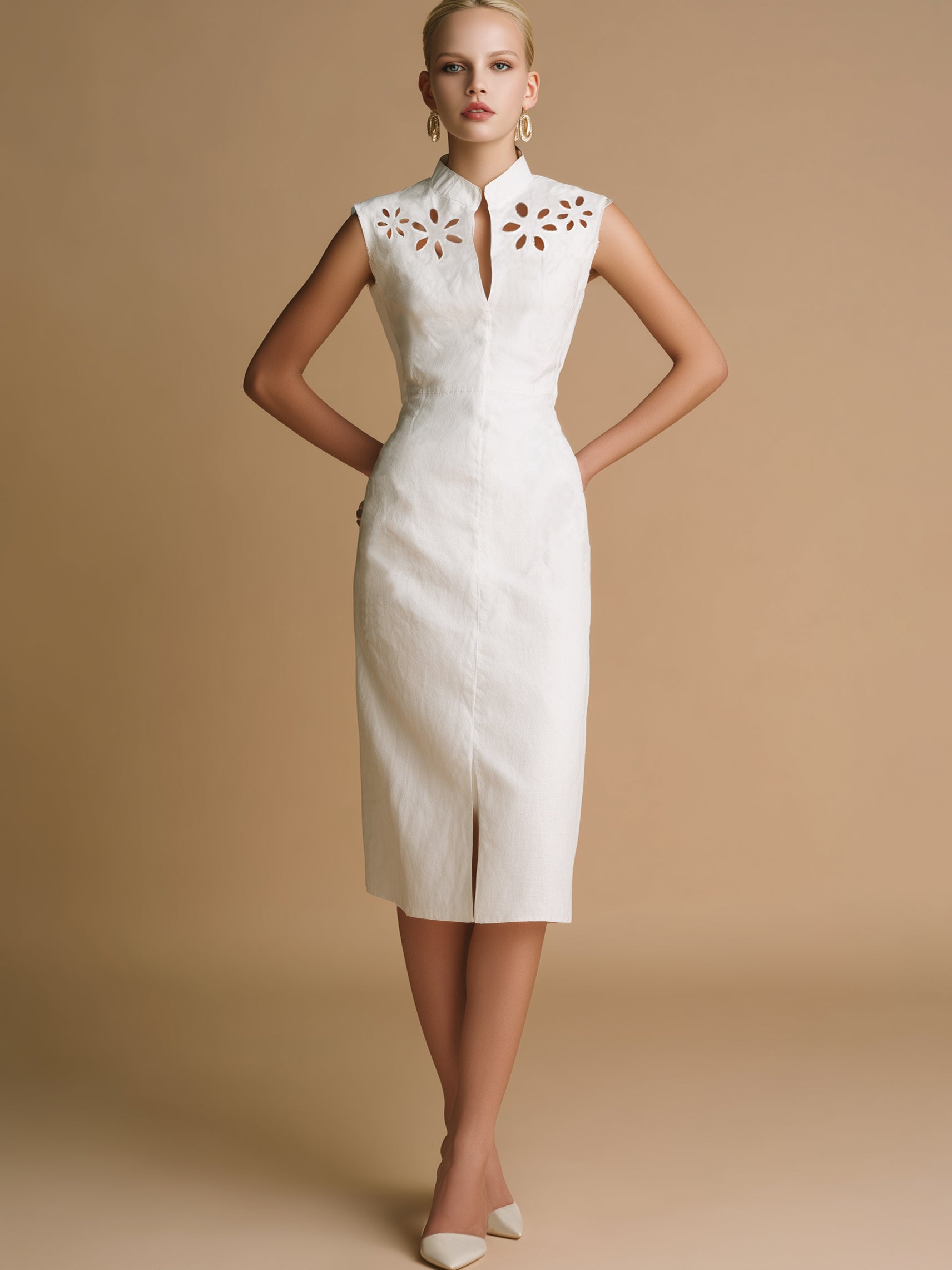 Robe midi élégante fendue sur le devant en coton et lin Liserie