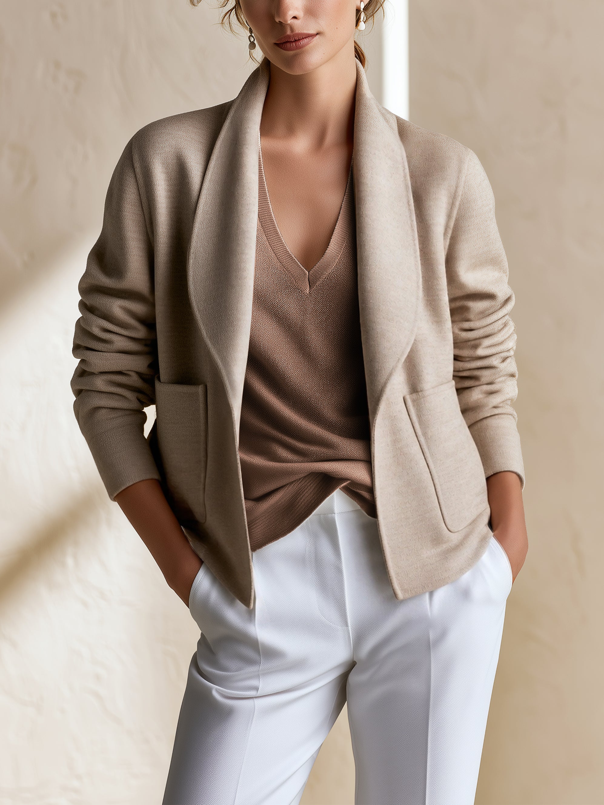 Oatmeal Shawl‑Lapel Knit Blazer Outerwear