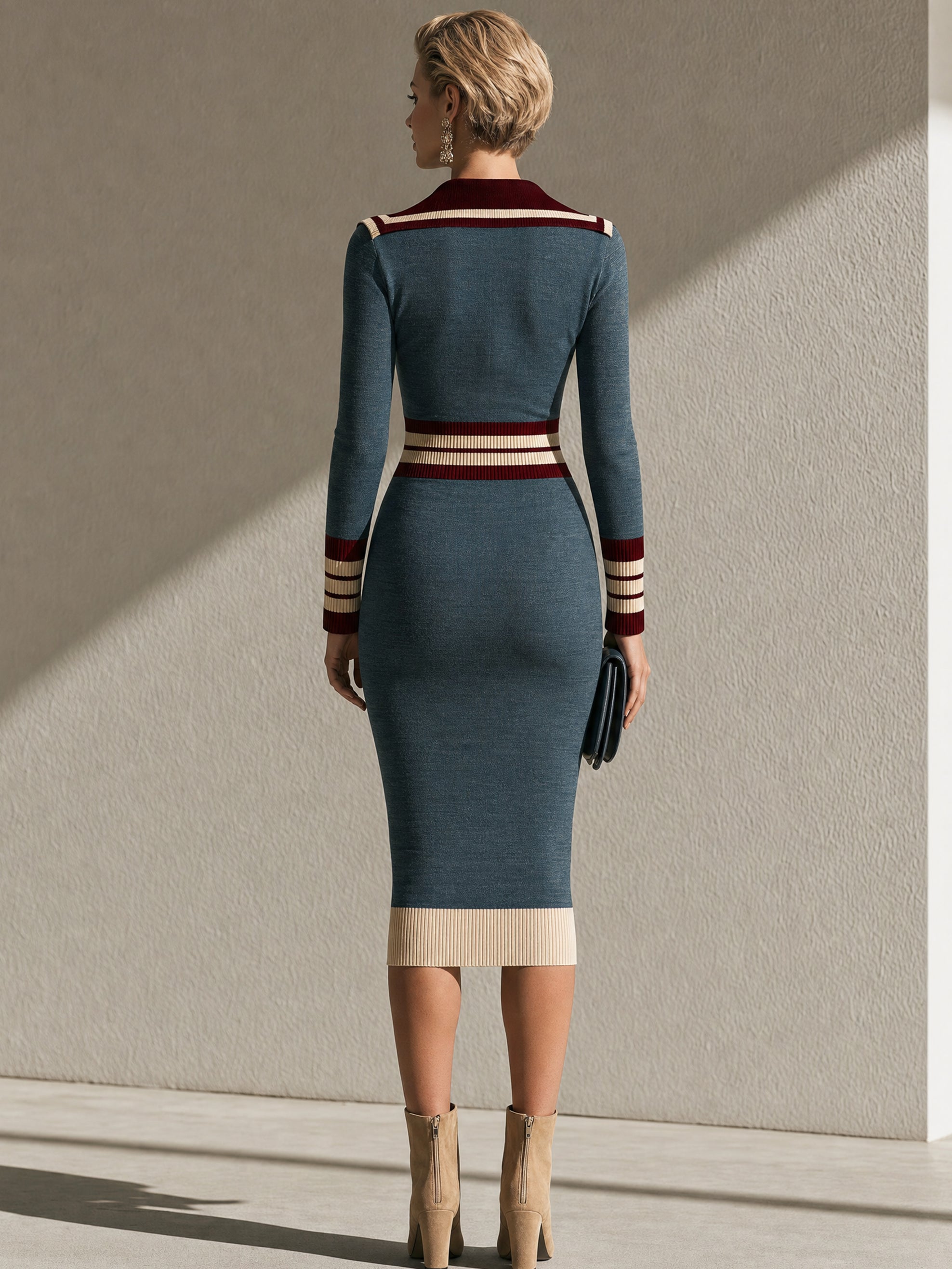 Teal Retro Color‑Block Midi Dress