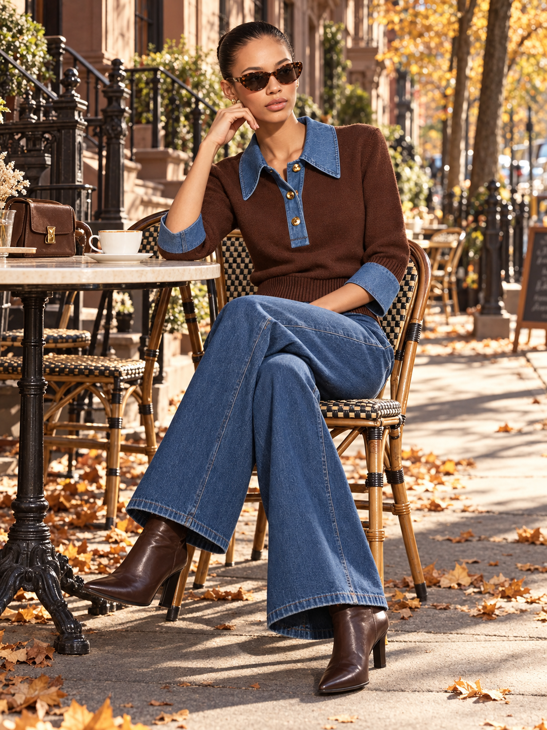 Contrast Denim Collar Brown Knit Polo Sweater