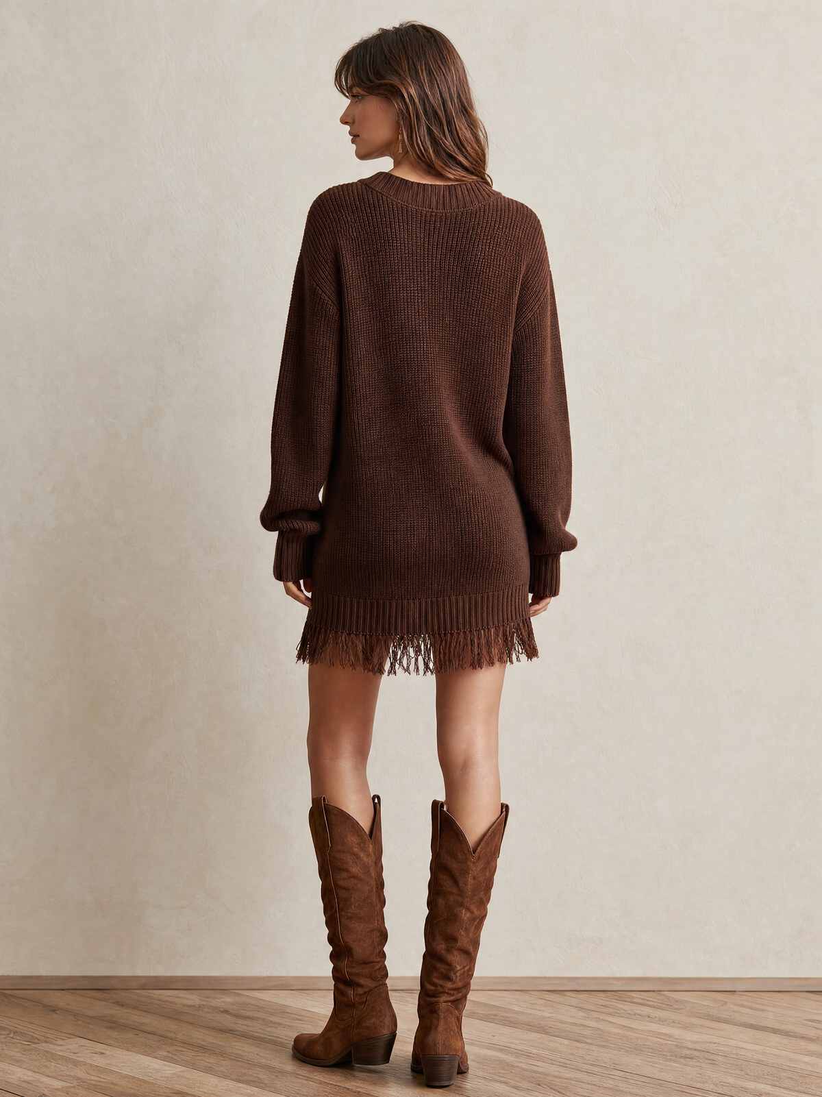 Elegant Chocolate Brown V-Neck Fringe Knit Dress