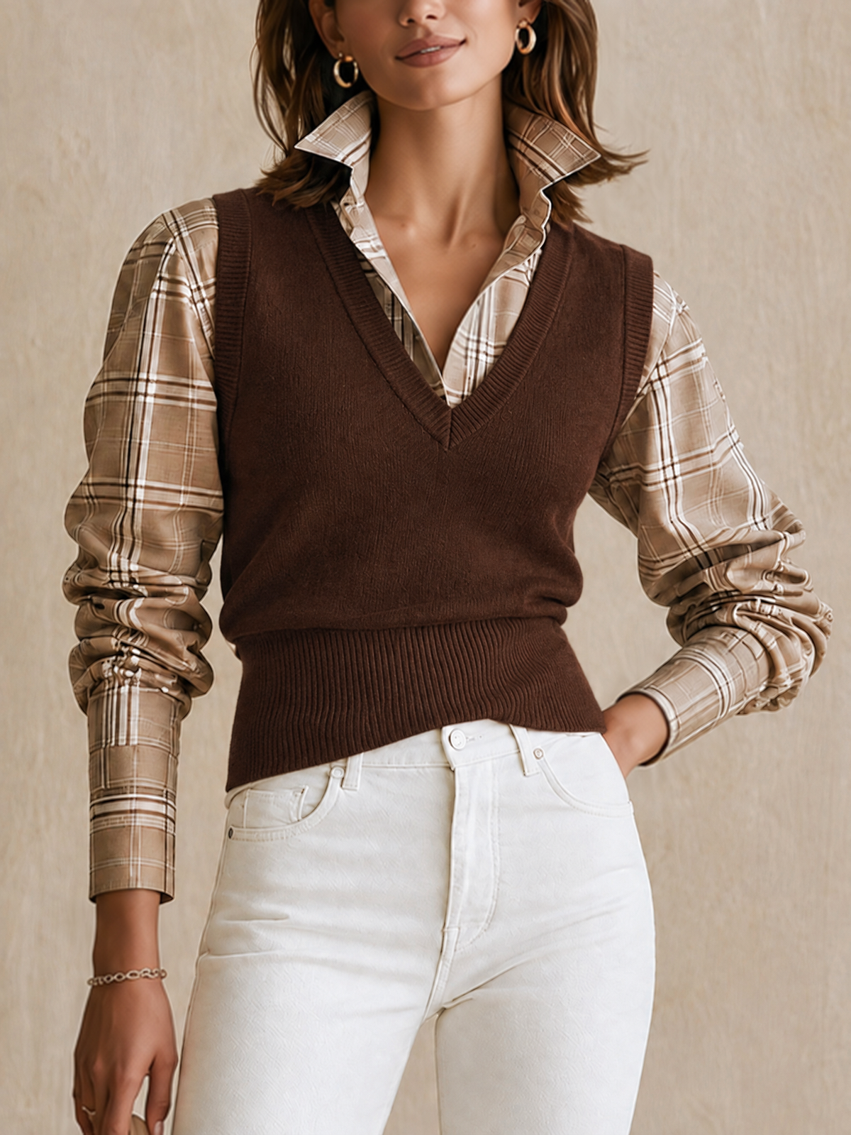 Brown Plaid Shirt And Knit Vest Two-piece Set