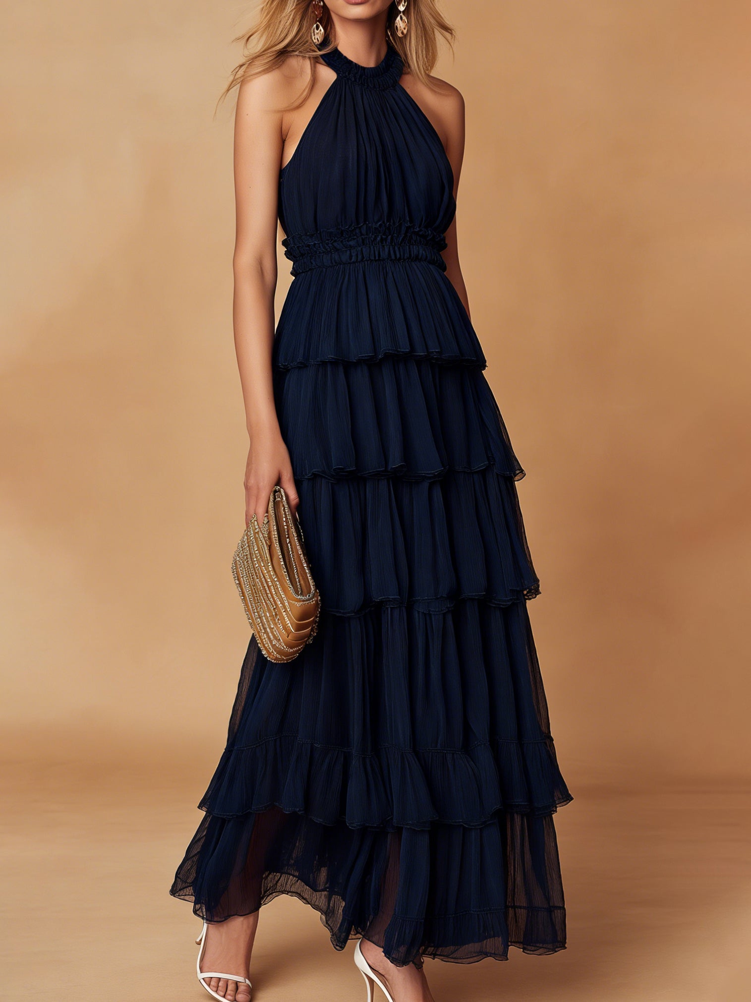 Robe longue Liserie en mousseline à volants et dos nu pour occasions spéciales