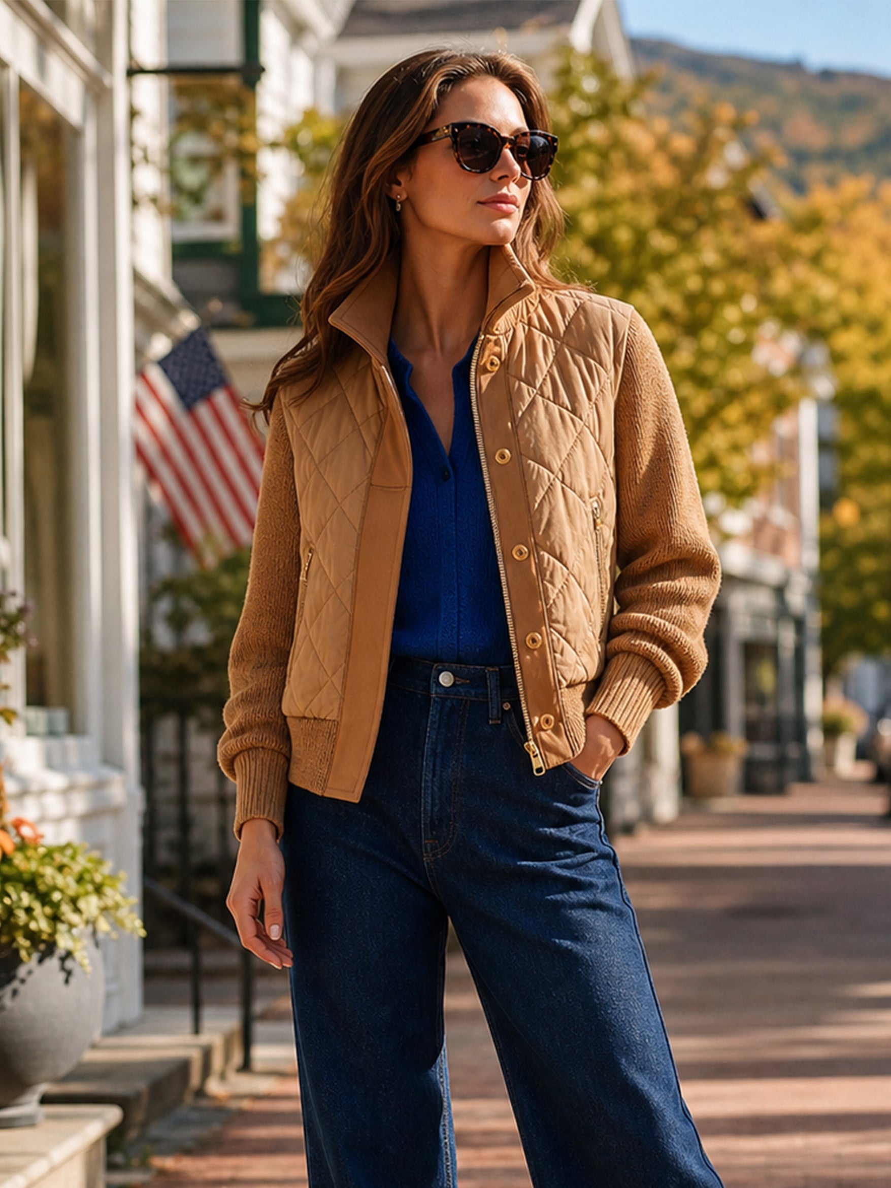 Faux‑Layer Knit‑Sleeve Jacket Outerwear