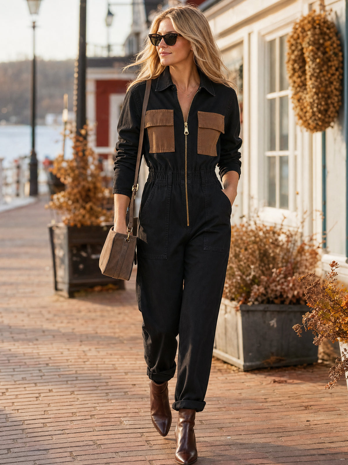 Black Contrast‑Brown Utility Jumpsuit