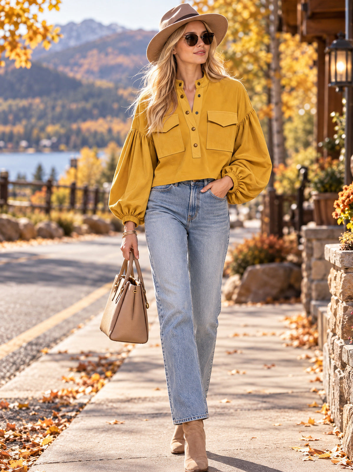Stand Collar Balloon Sleeves Blouse Pullover