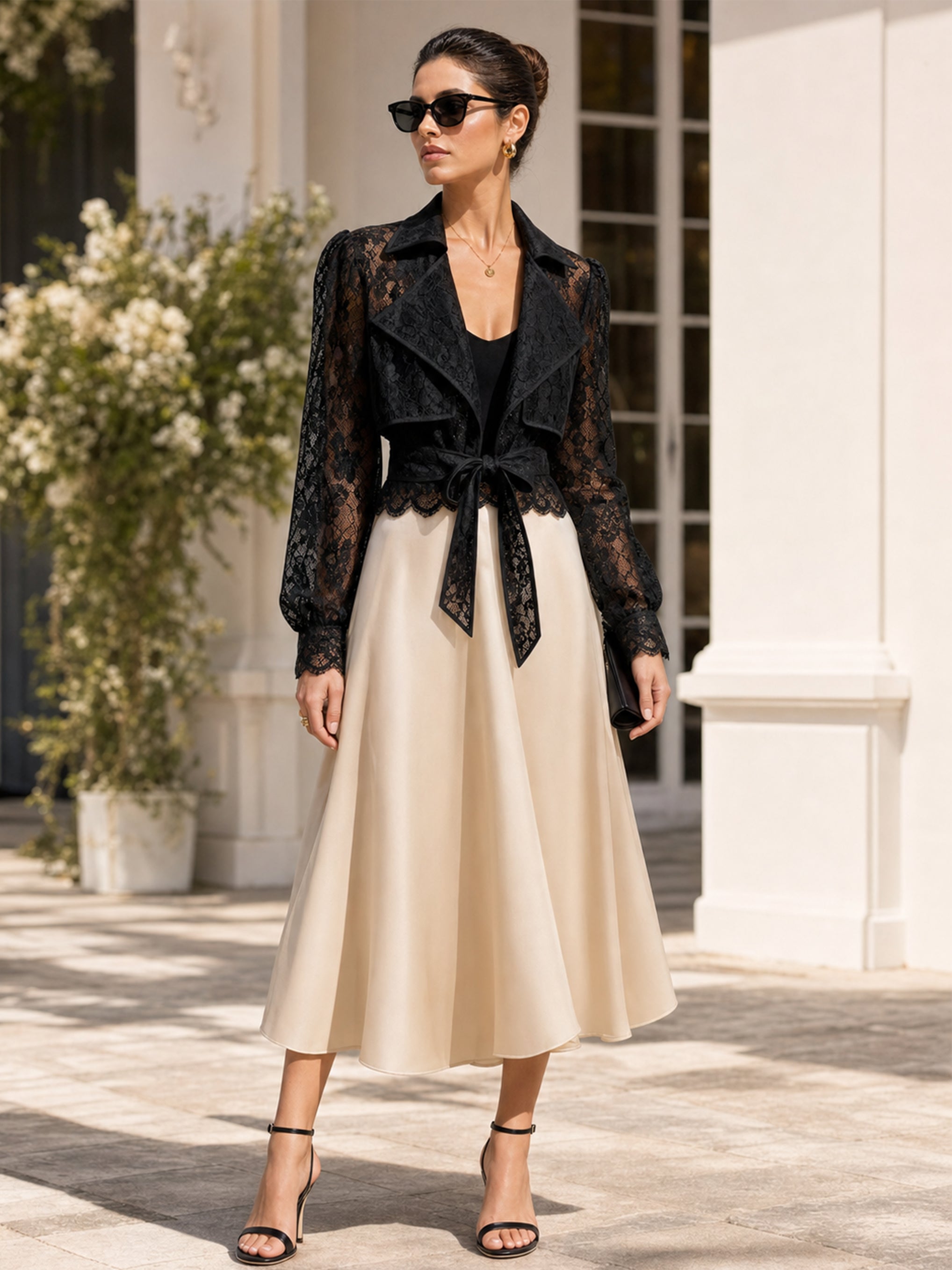 Elegant Sheer Notch-Lapel Floral Lace Tie-Front Jacket