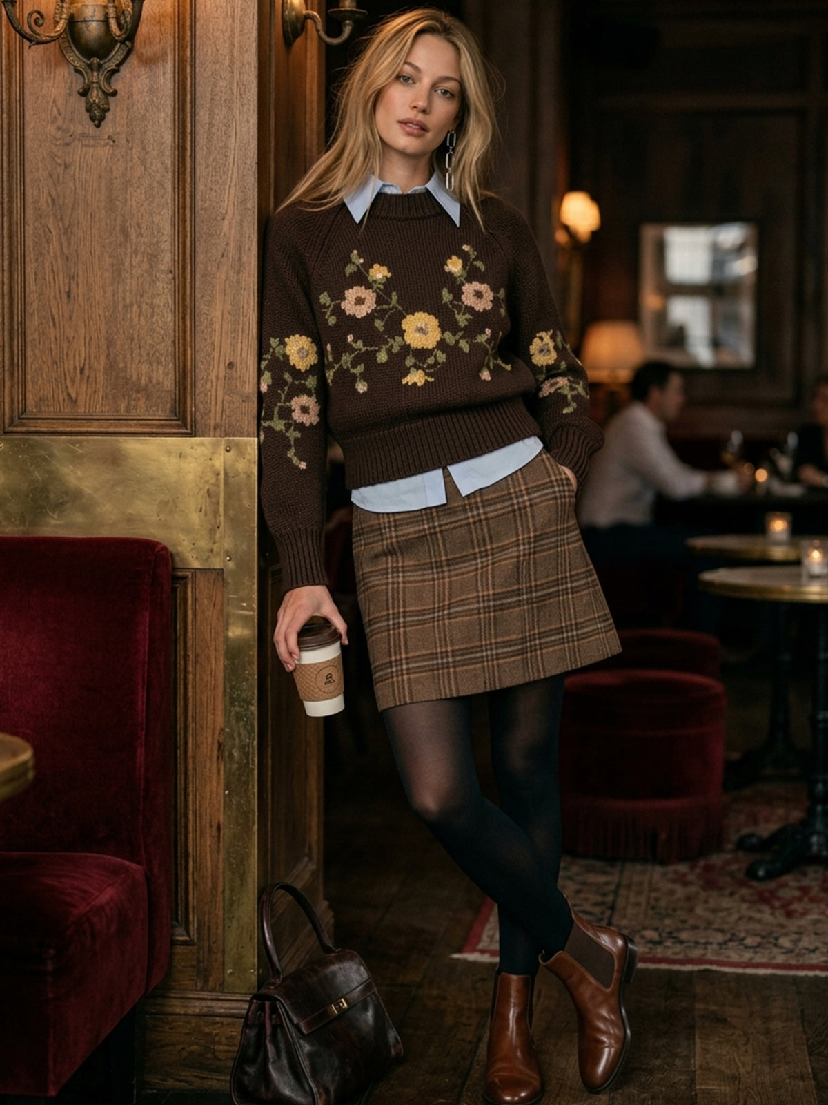Brown Floral Jacquard Knit Sweater Layered Shirt Collar Pullover