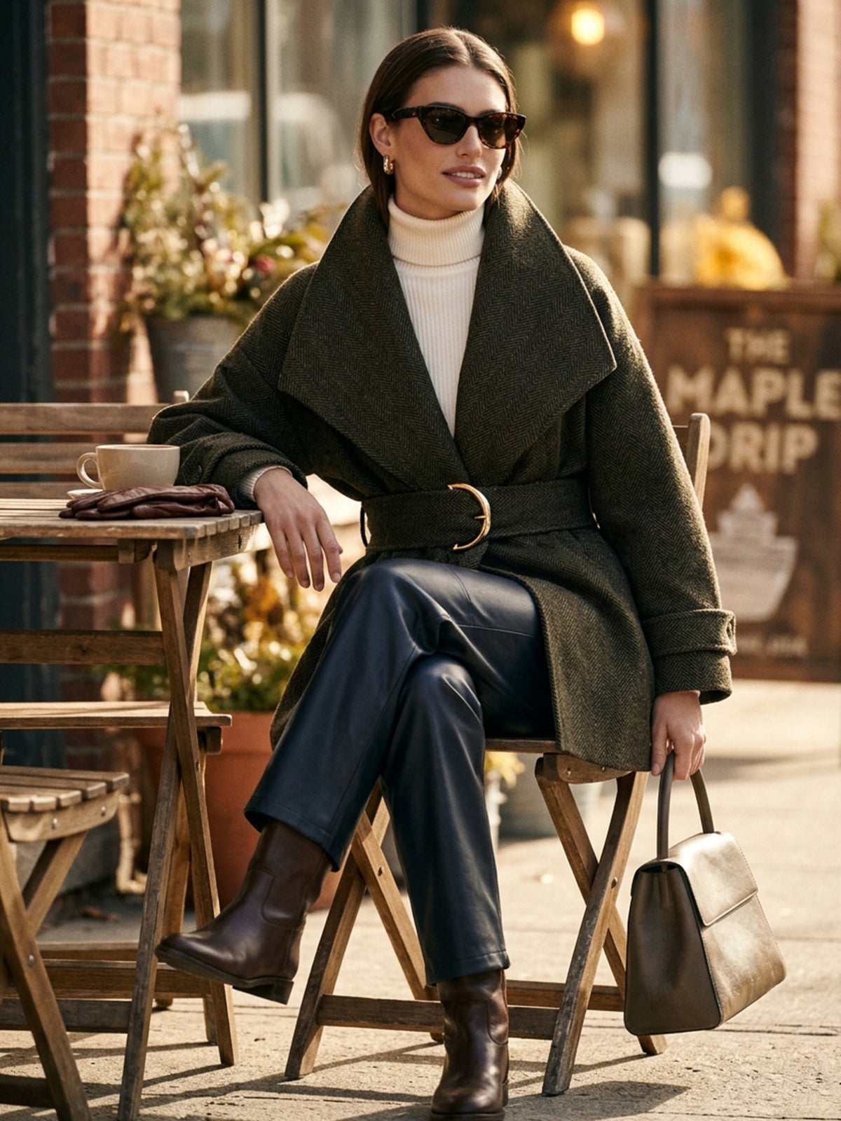 Herringbone Belted Wrap Coat Outerwear