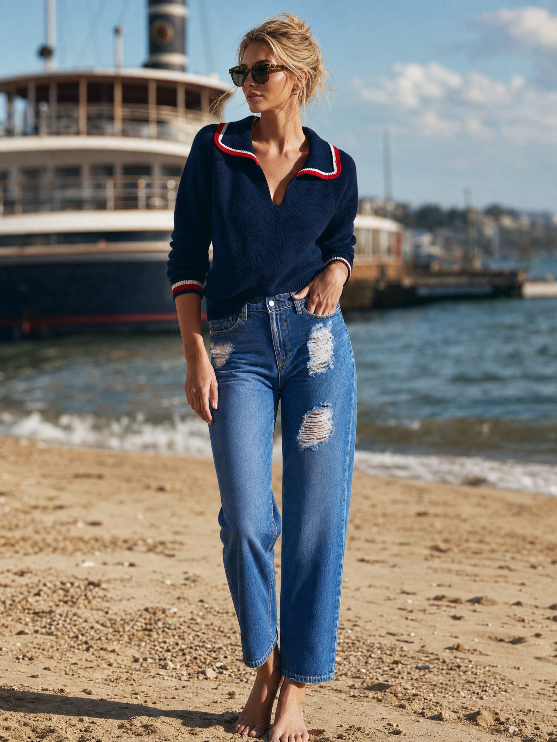 Nautical‑Inspired Contrast‑Trim Knit Sweater Pullover