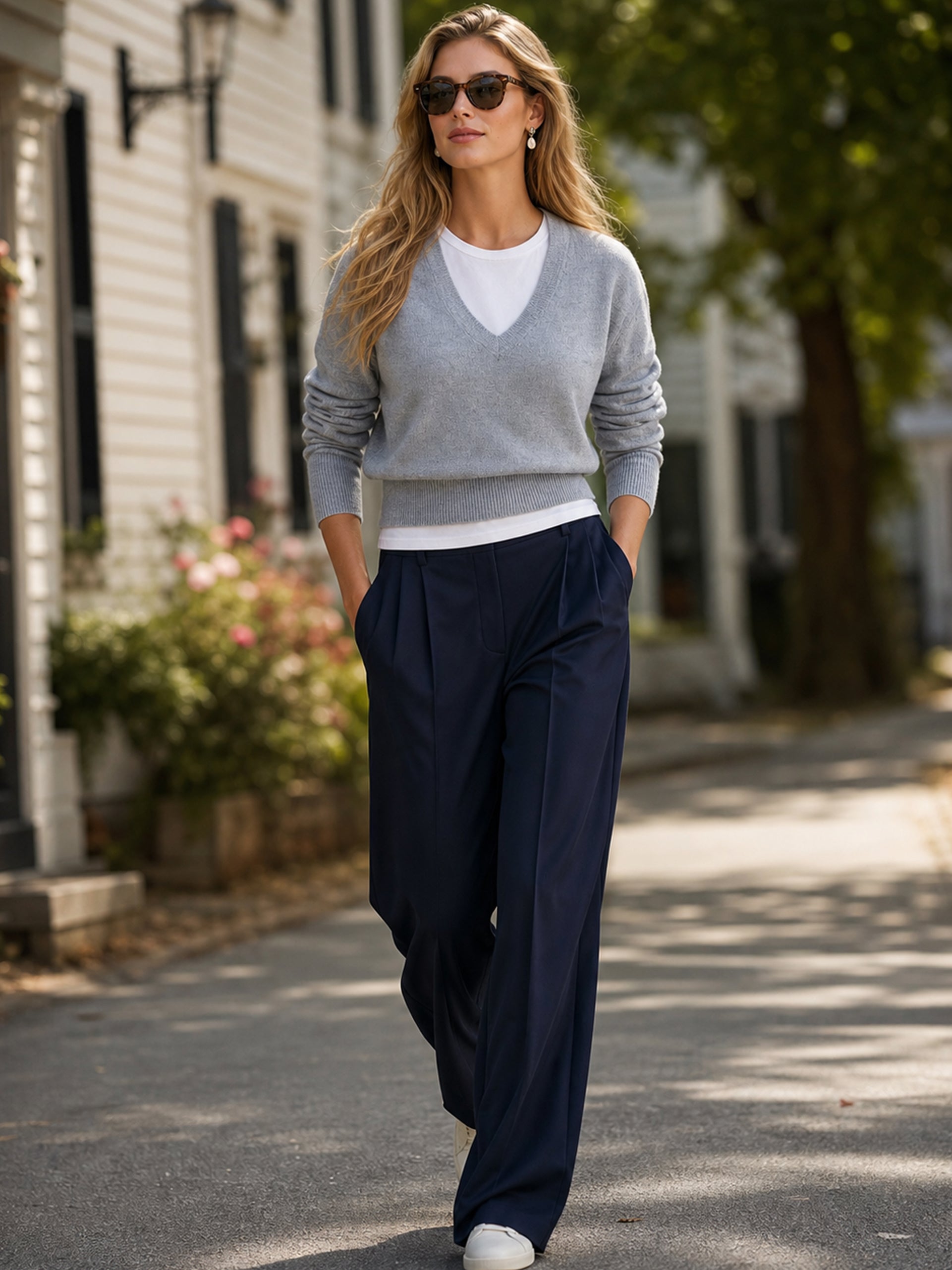 Heather‑Grey Faux‑Layer V‑Neck Knit Pullover