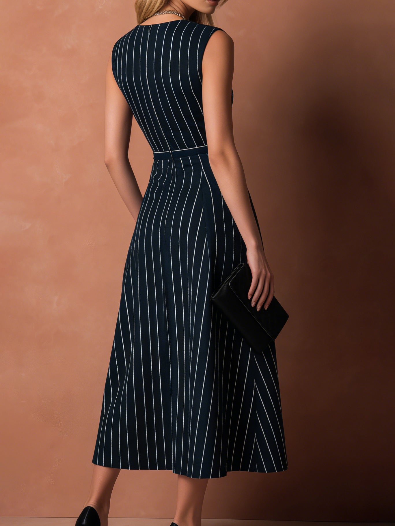 Robe midi de bureau à rayures effet pinceau en coton et lin taillé Liserie