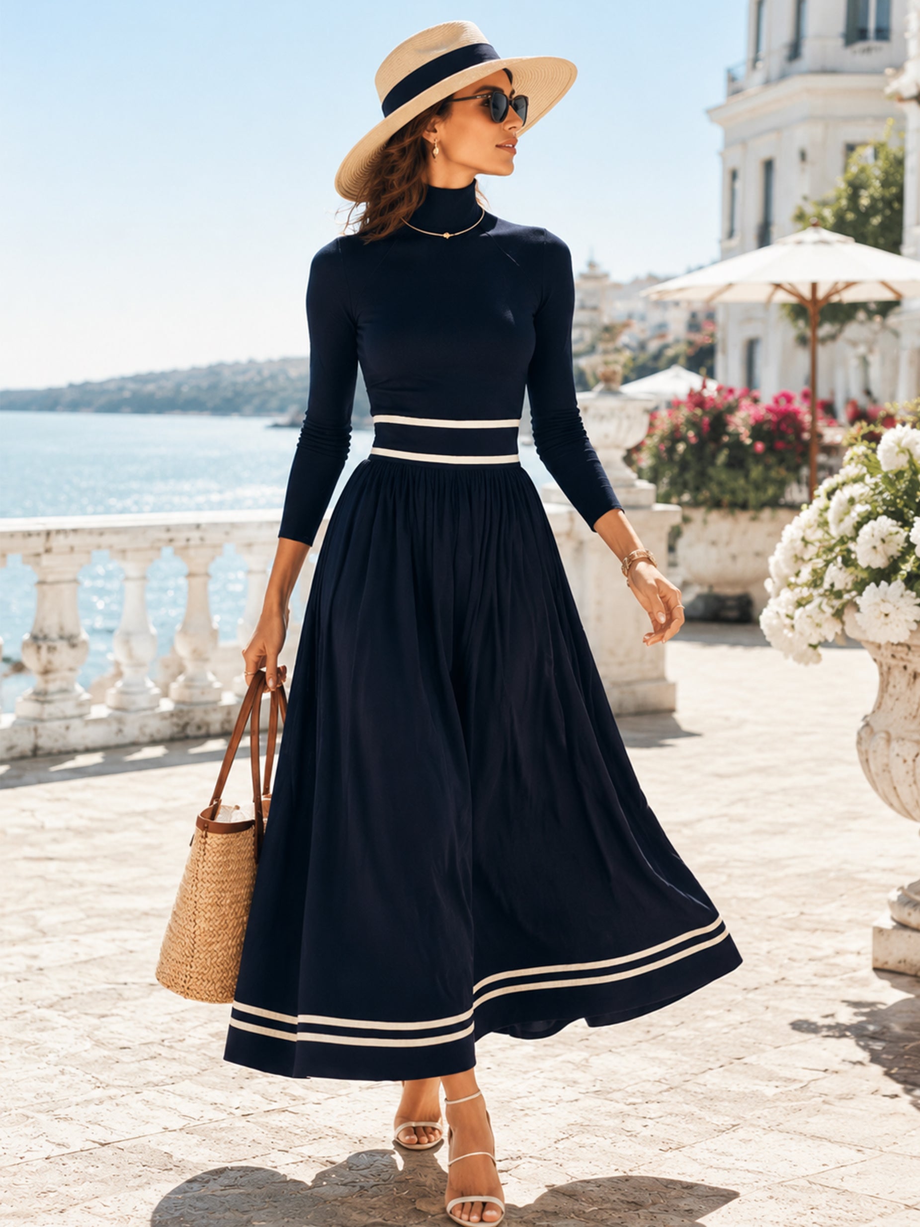 Turtleneck Long Sleeve Contrast Stripe A-Line Maxi Knit Dress
