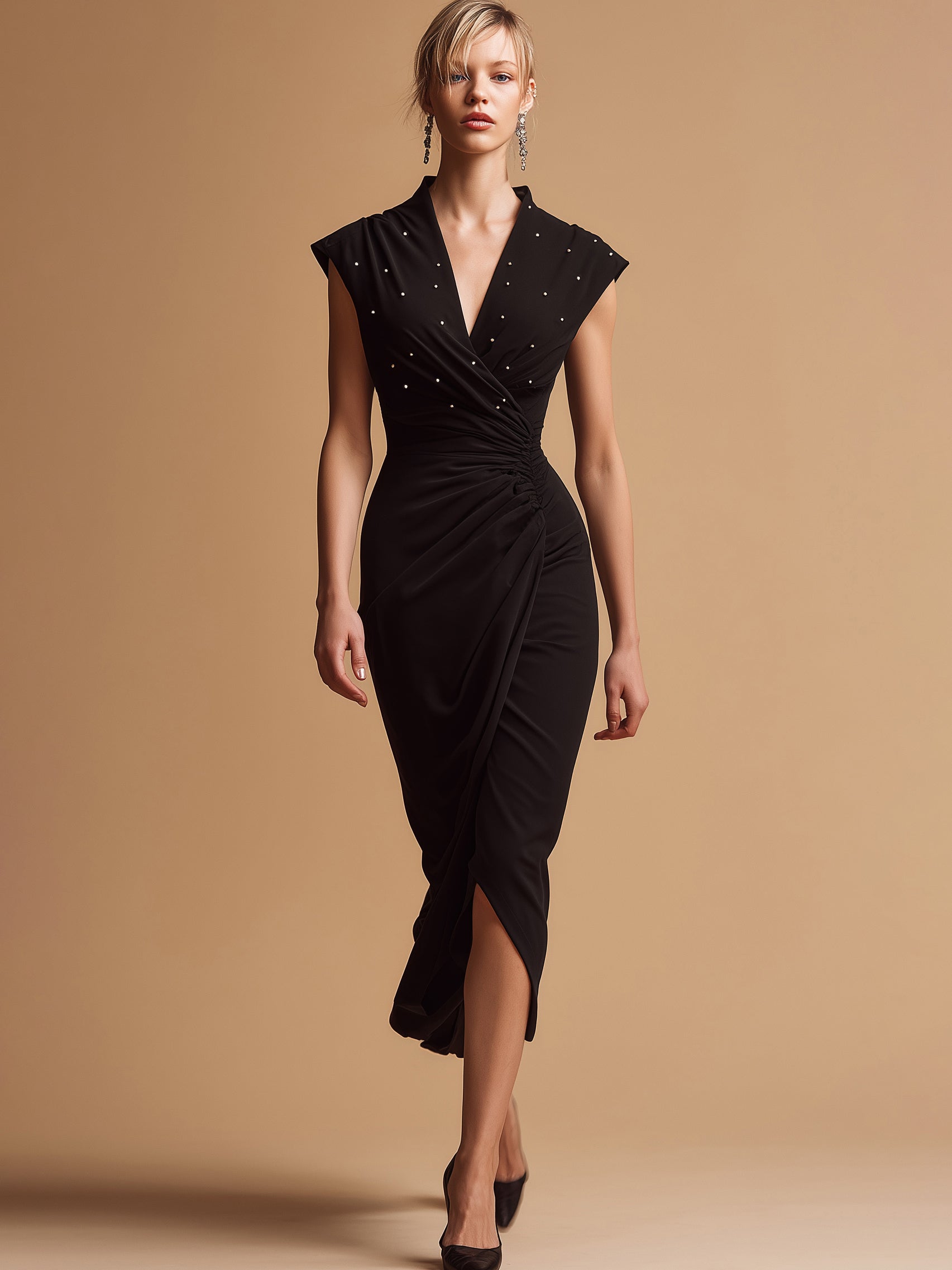 Robe de soirée midi fendue à col en V ornée de perles noires Liserie