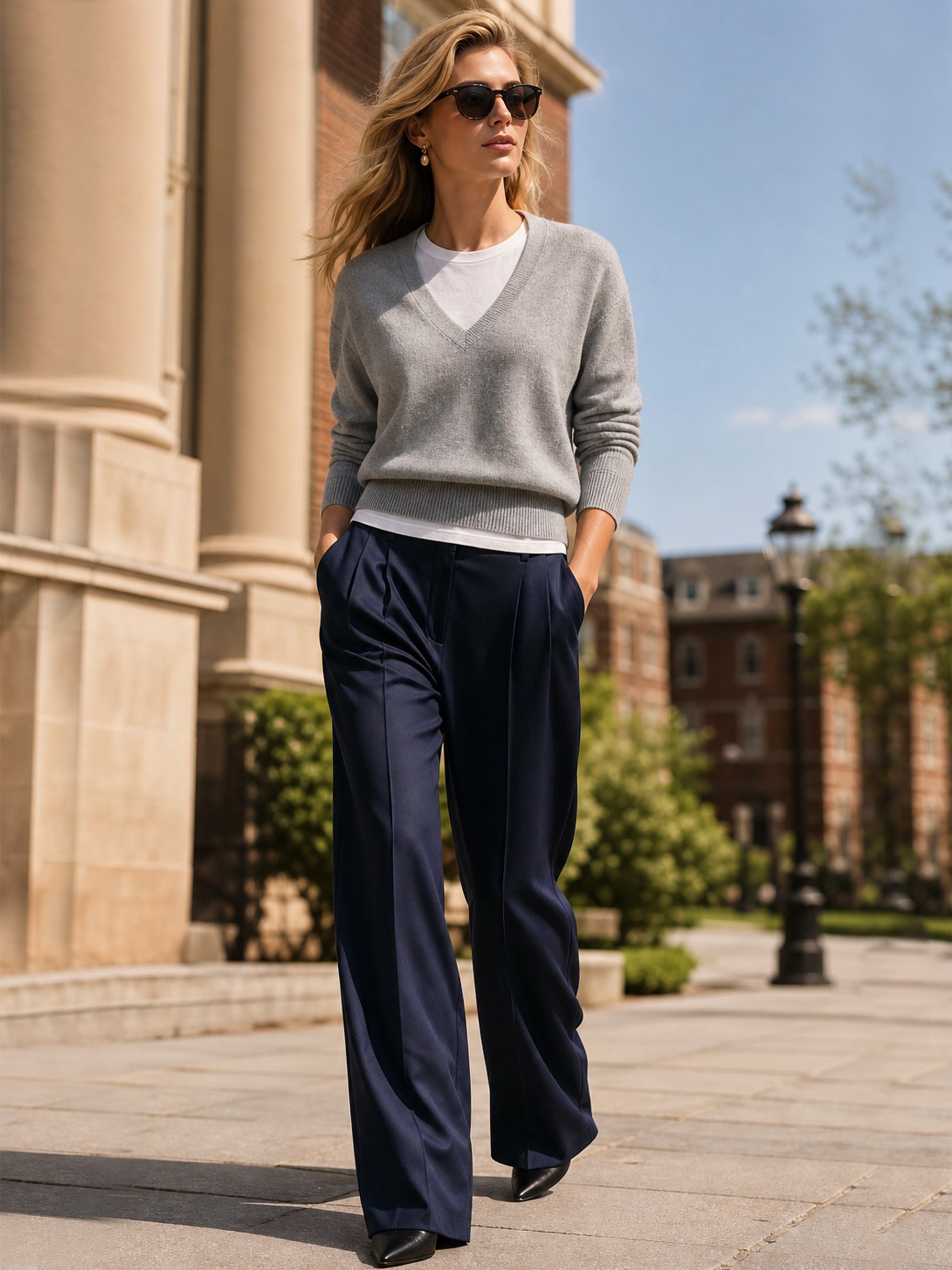 Heather‑Grey Faux‑Layer V‑Neck Knit Pullover