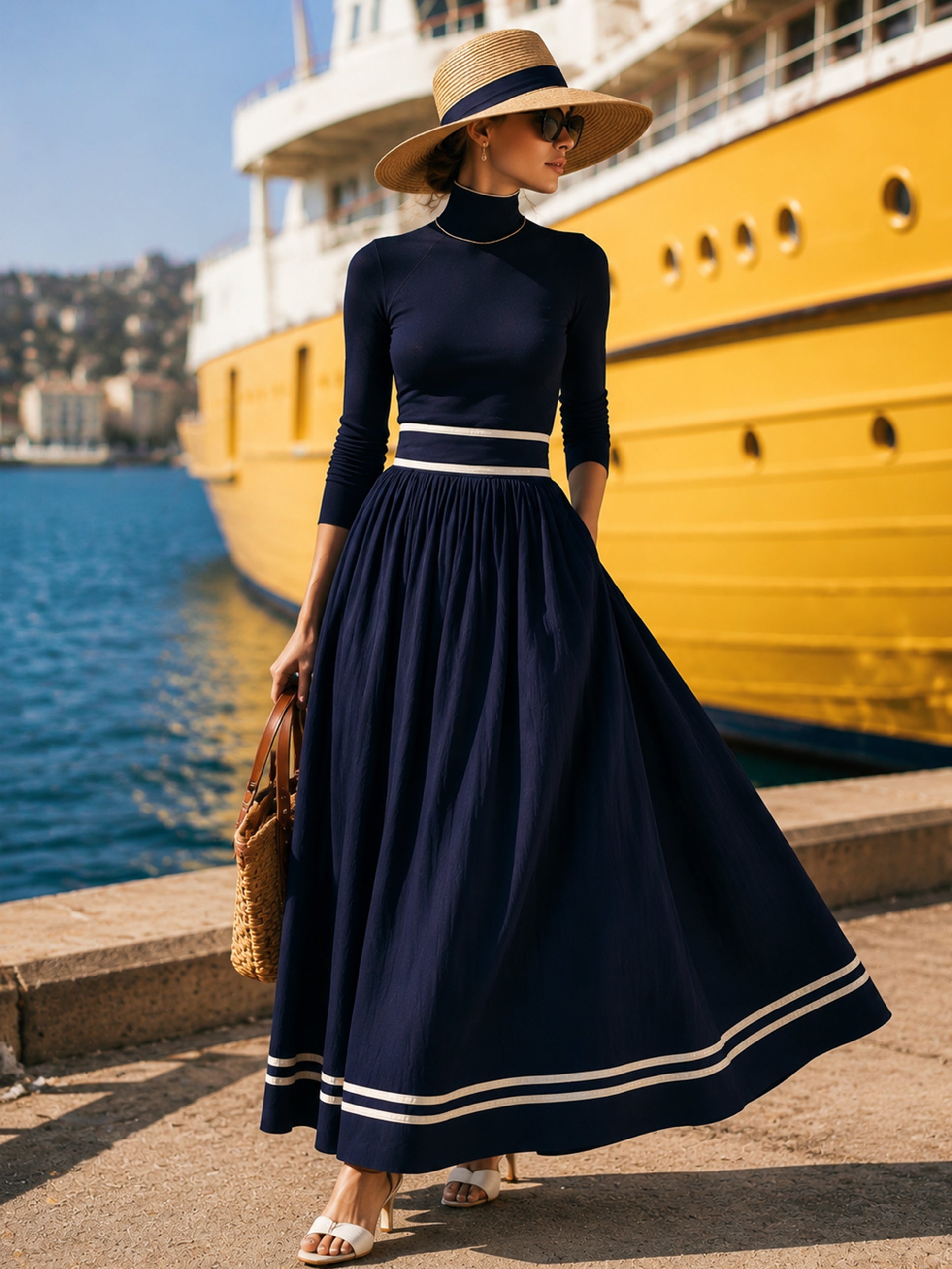 Turtleneck Long Sleeve Contrast Stripe A-Line Maxi Knit Dress