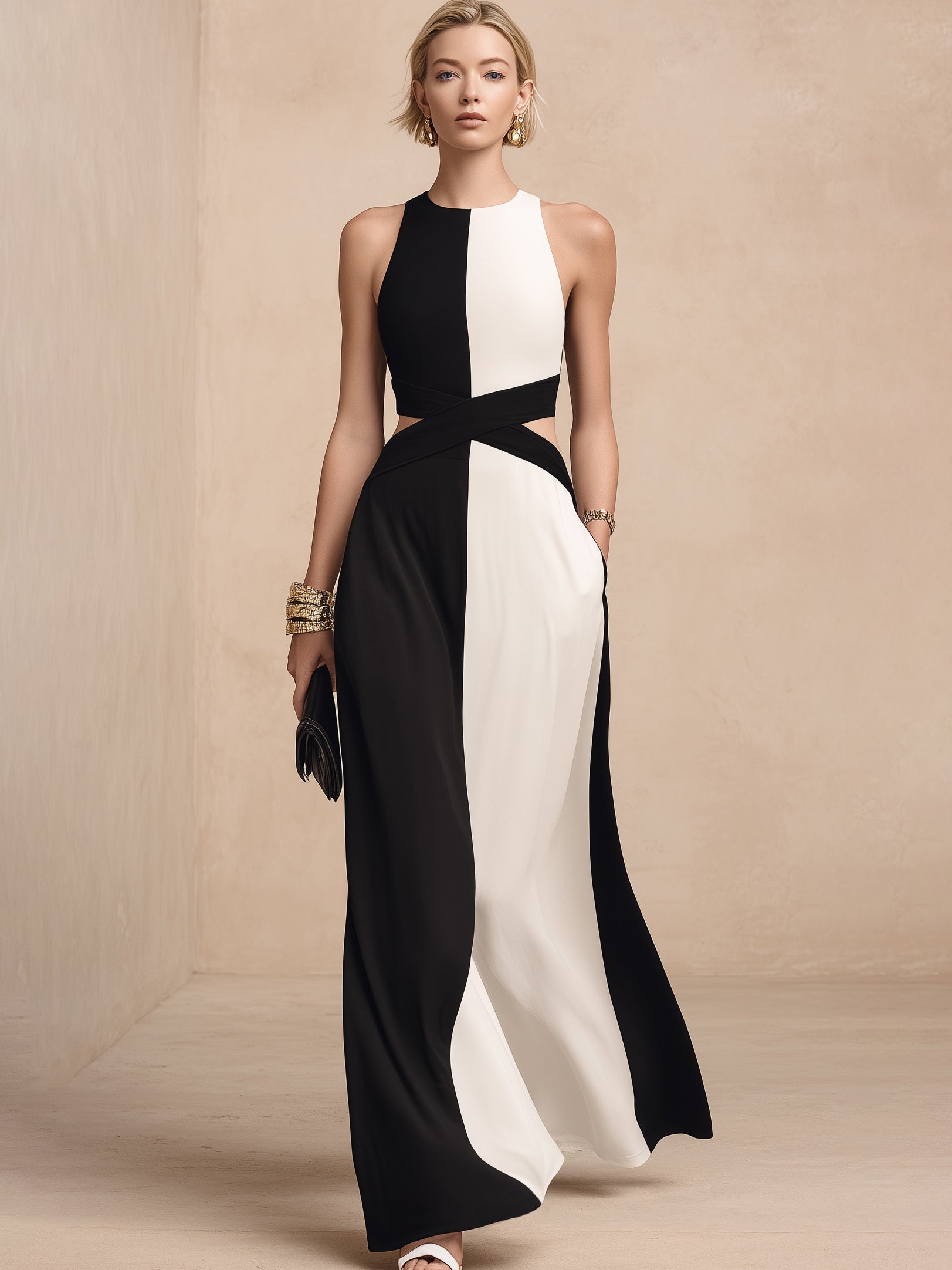Liserie Elegant Black White Contrast Evening Maxi Dress