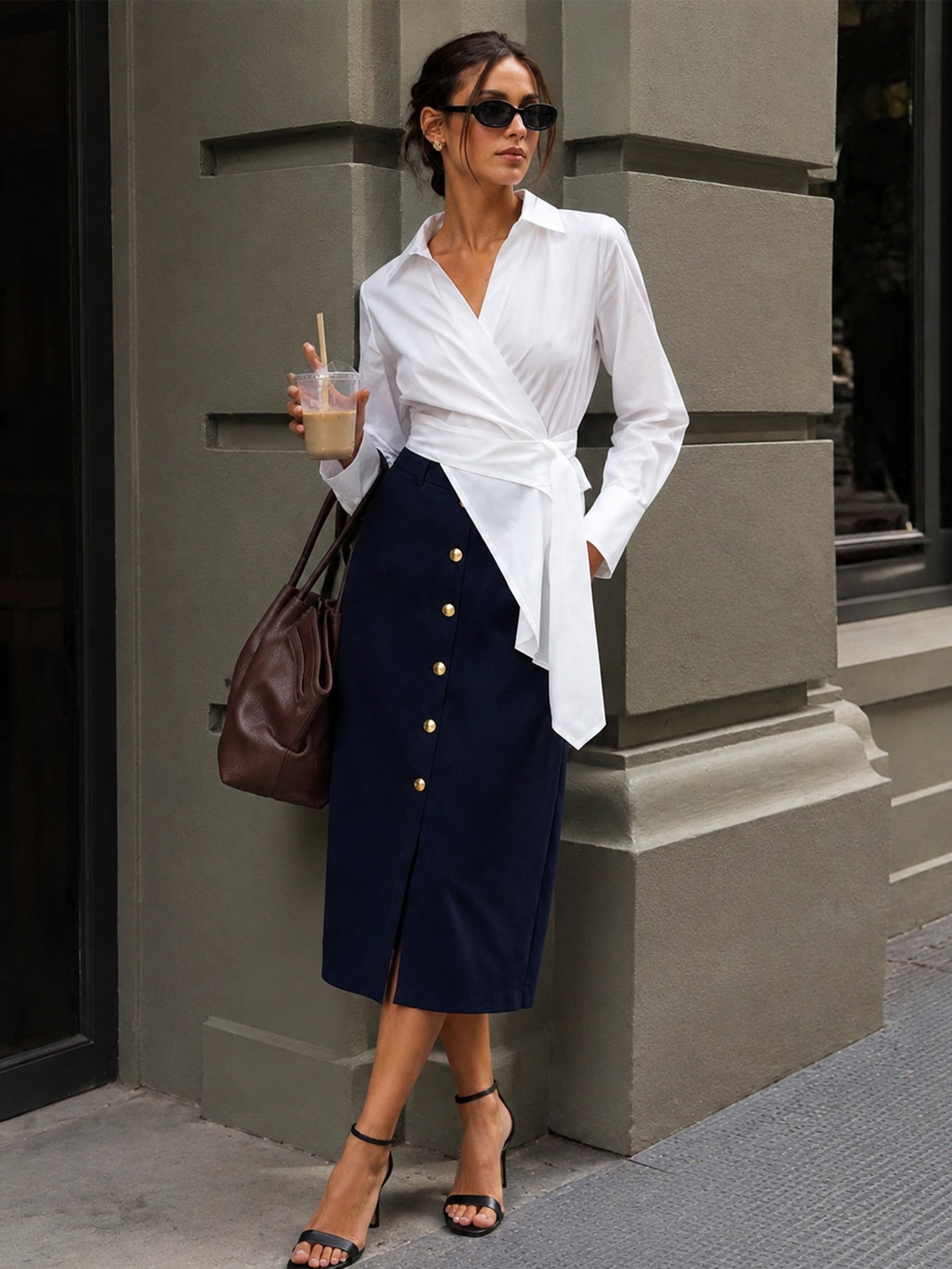 Commute Wrap-Front Cotton Shirt With Tie Waist &Button Midi Skirt