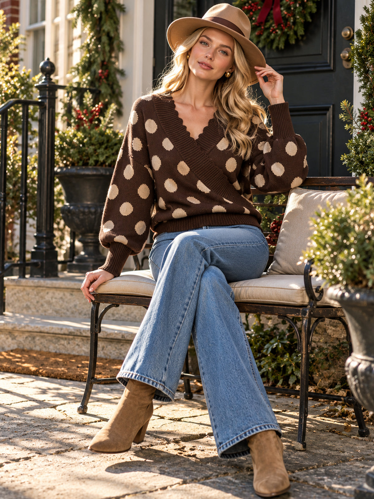 Brown Polka Dot Wrap V-Neck Knit Sweater