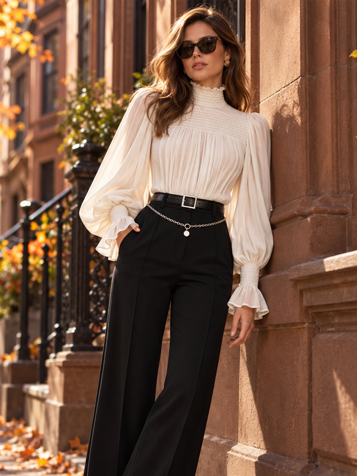 Ivory Smocked Ruffle High Neck Balloon Sleeve Blouse