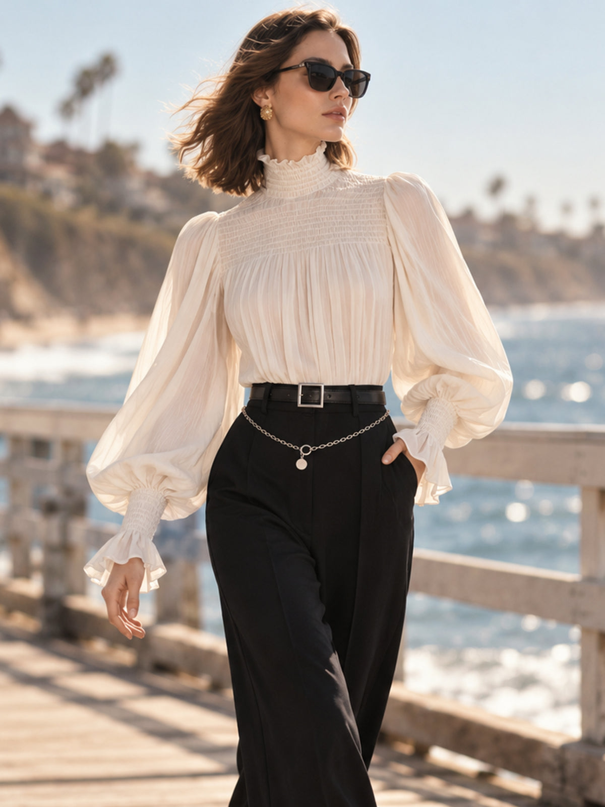 Ivory Smocked Ruffle High Neck Balloon Sleeve Blouse